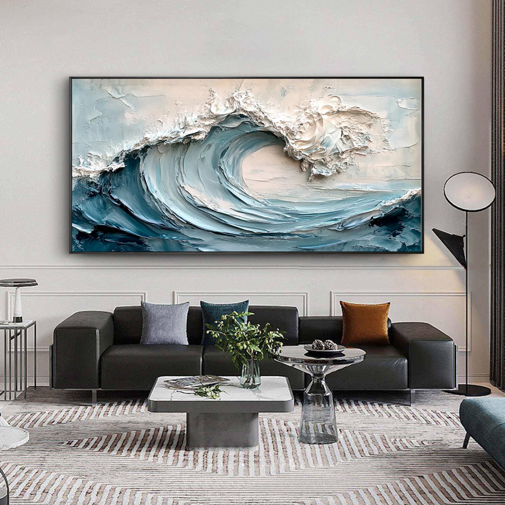 Pacific Surge – Modern Blue Ocean Relief Texture Painting | Coastal Modern Living Room & Bedroom Art