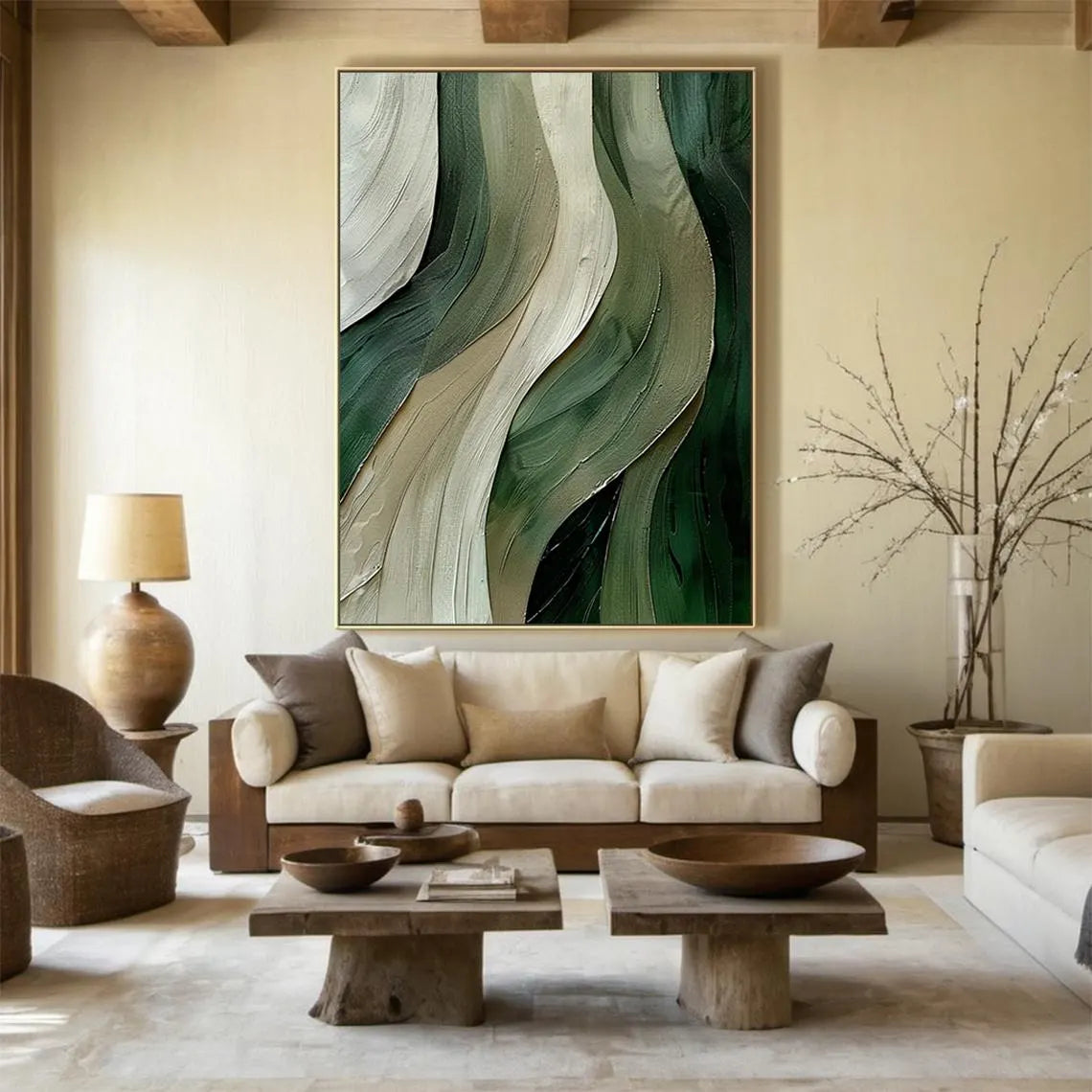 Emerald Tide – Hand-Painted Deep Green and Sage Wave Palette Knife Texture Painting | Modern Abstract Living Room & Office Art
