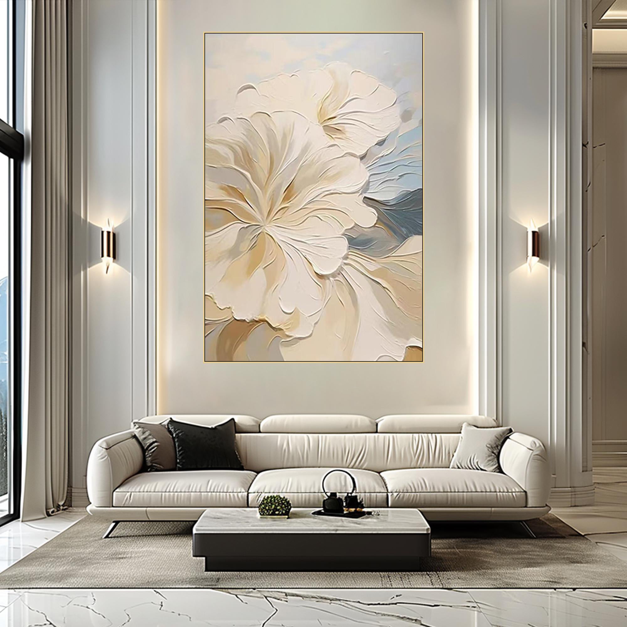 Serenade in Bloom – Modern French Cream Textured Painting | Romantic Blue & Beige Floral Bedroom Art