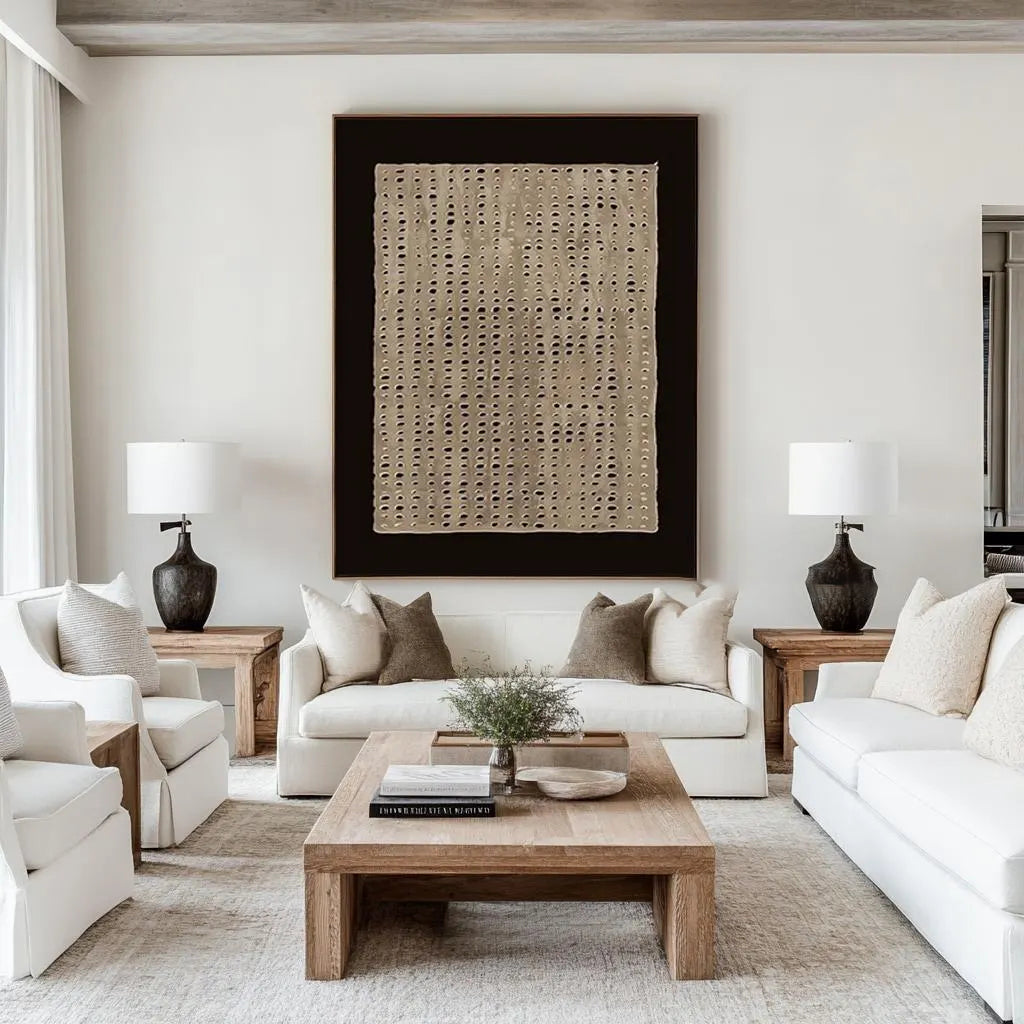 Zen Lattice – 3D Heavy Texture Black & Sand Plaster Relief Wabi-Sabi Painting | Japandi Organic Wabi-Sabi Living Room & Hallway Art