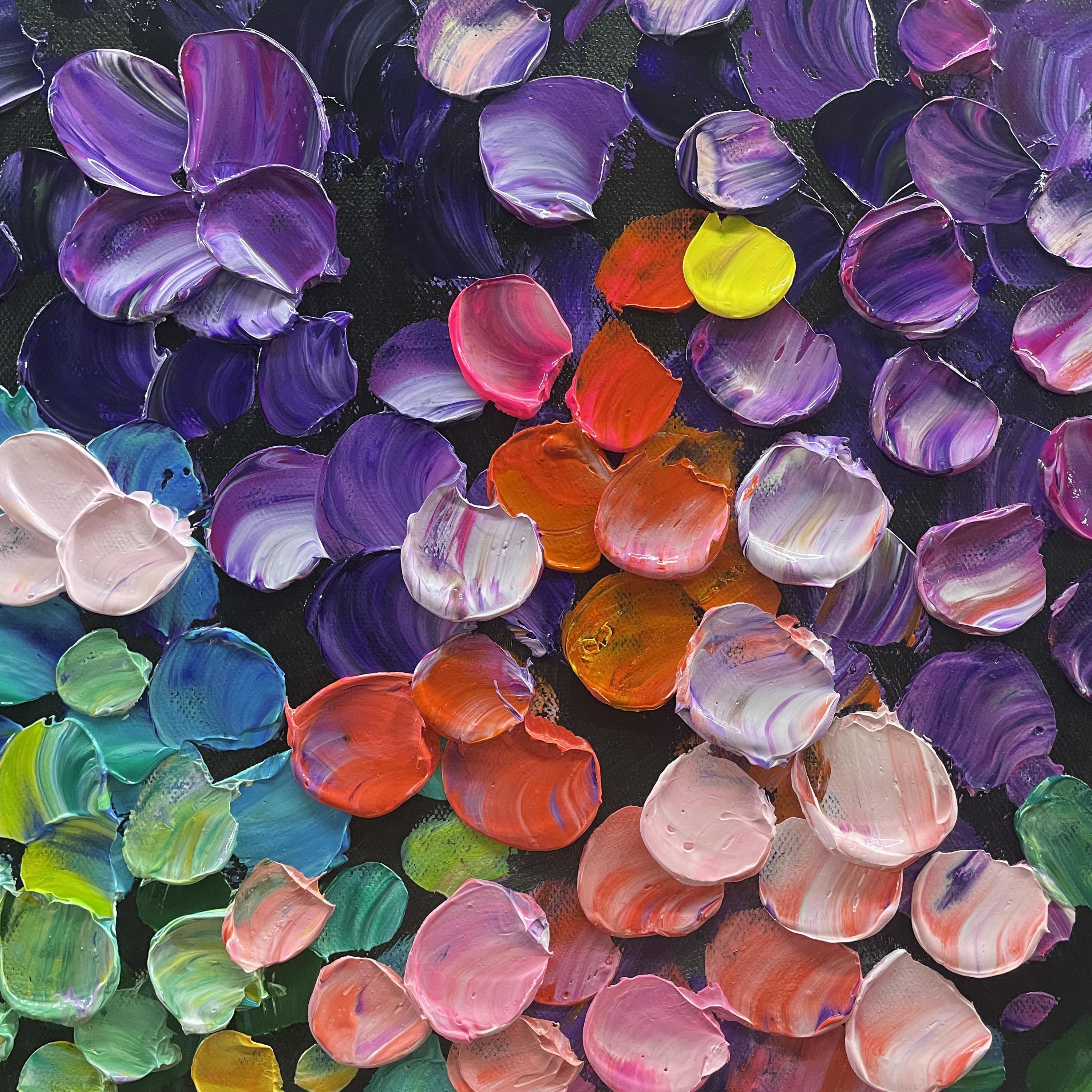 Neon Dreamscape – Modern Impasto Cascading Flower Oil Painting | Vibrant Floral Living Room Art