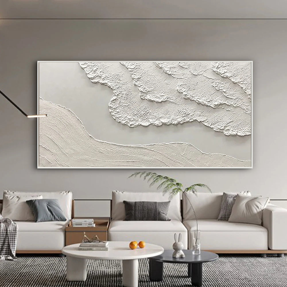 WHITE CLIFF: Texture Wall Art, Hand-Painted Horizontal Minimalist White Plaster Effect Relief 3D Textured Studio Art