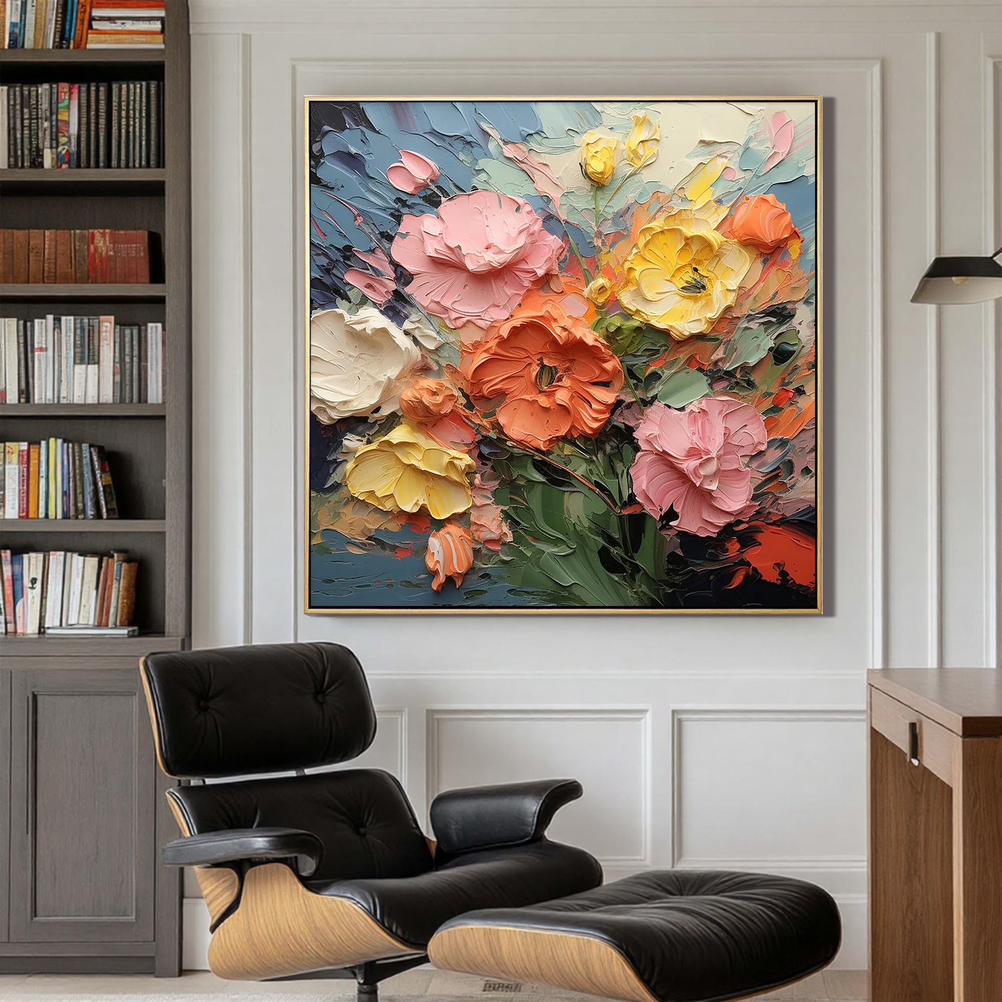 Vibrant Bloom – Hand-Painted Multicolored Yellow and Orange Heavy Texture Palette Knife Floral Painting | Vibrant Botanical Living Room & Dining Room Art