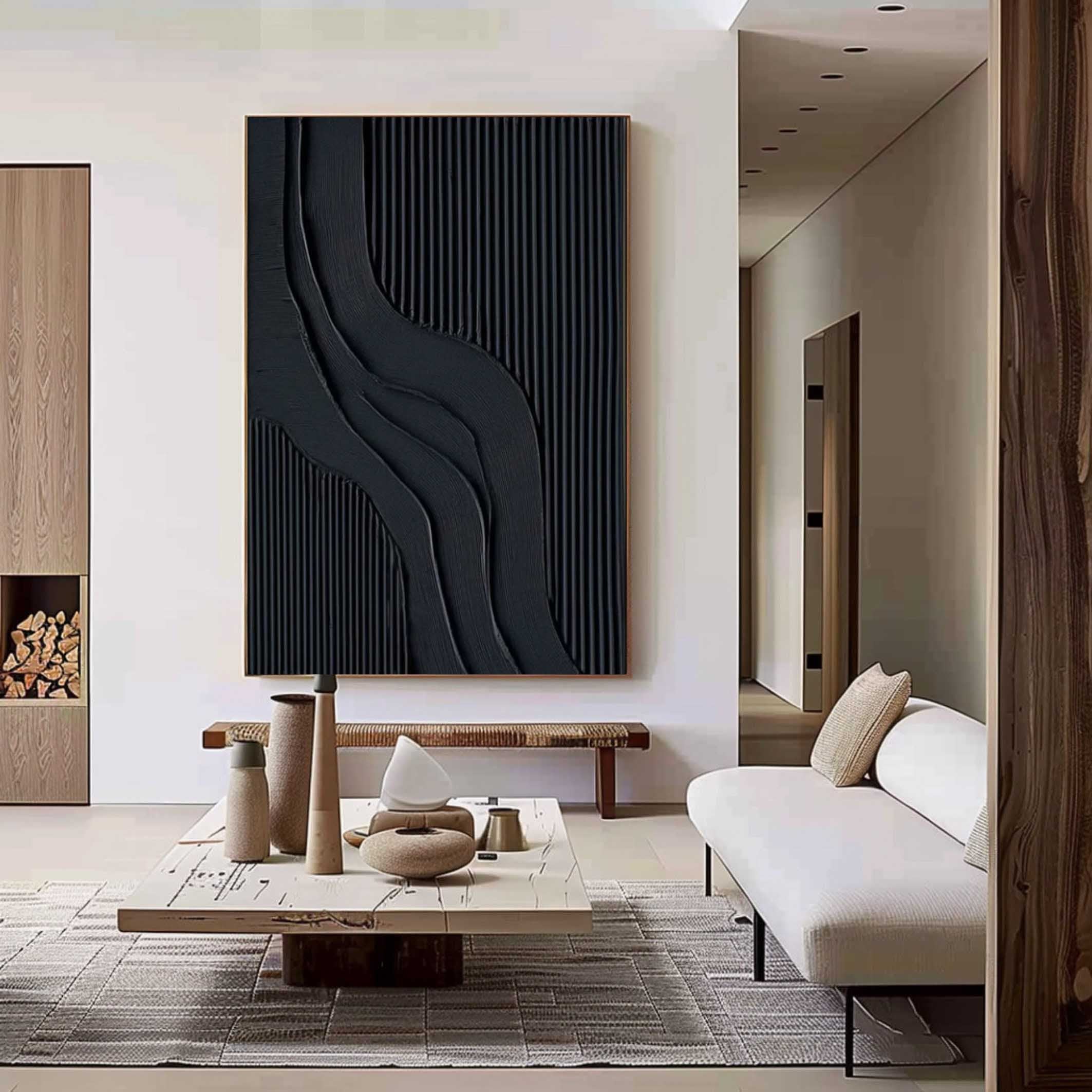 Midnight Strata – Hand-Painted Matte Black Fluted Texture 3D Relief Wabi-Sabi Painting | Japandi Wabi-Sabi Living Room & Bedroom Art