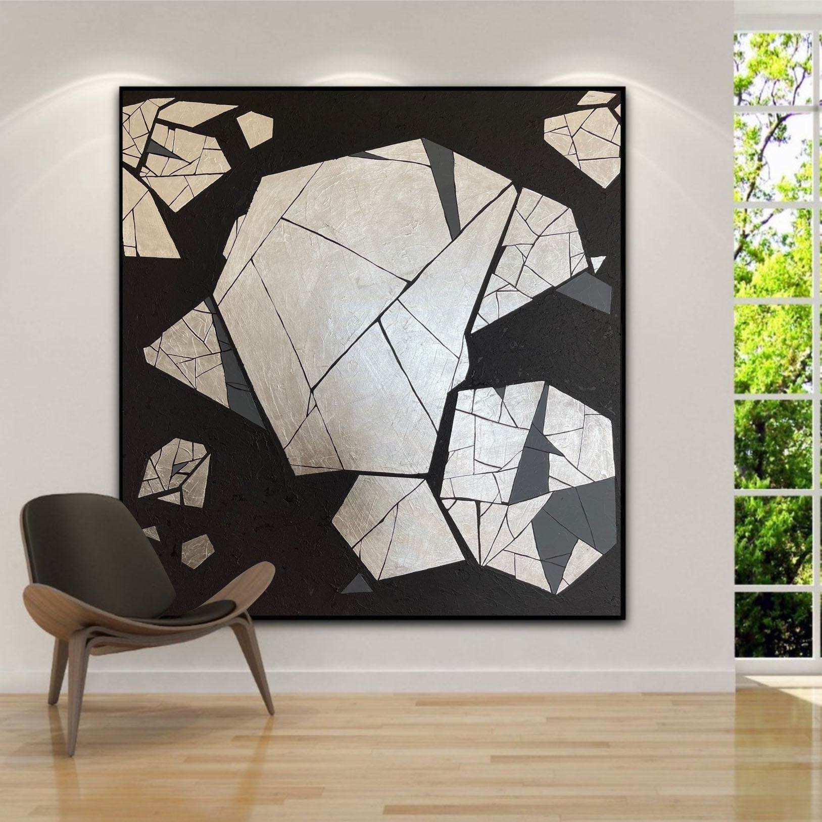 Fractured Core – Hand-Painted Black and Silver Geometric Rock Relief Wabi-Sabi Painting | Japandi Wabi-Sabi Living Room & Bedroom Art
