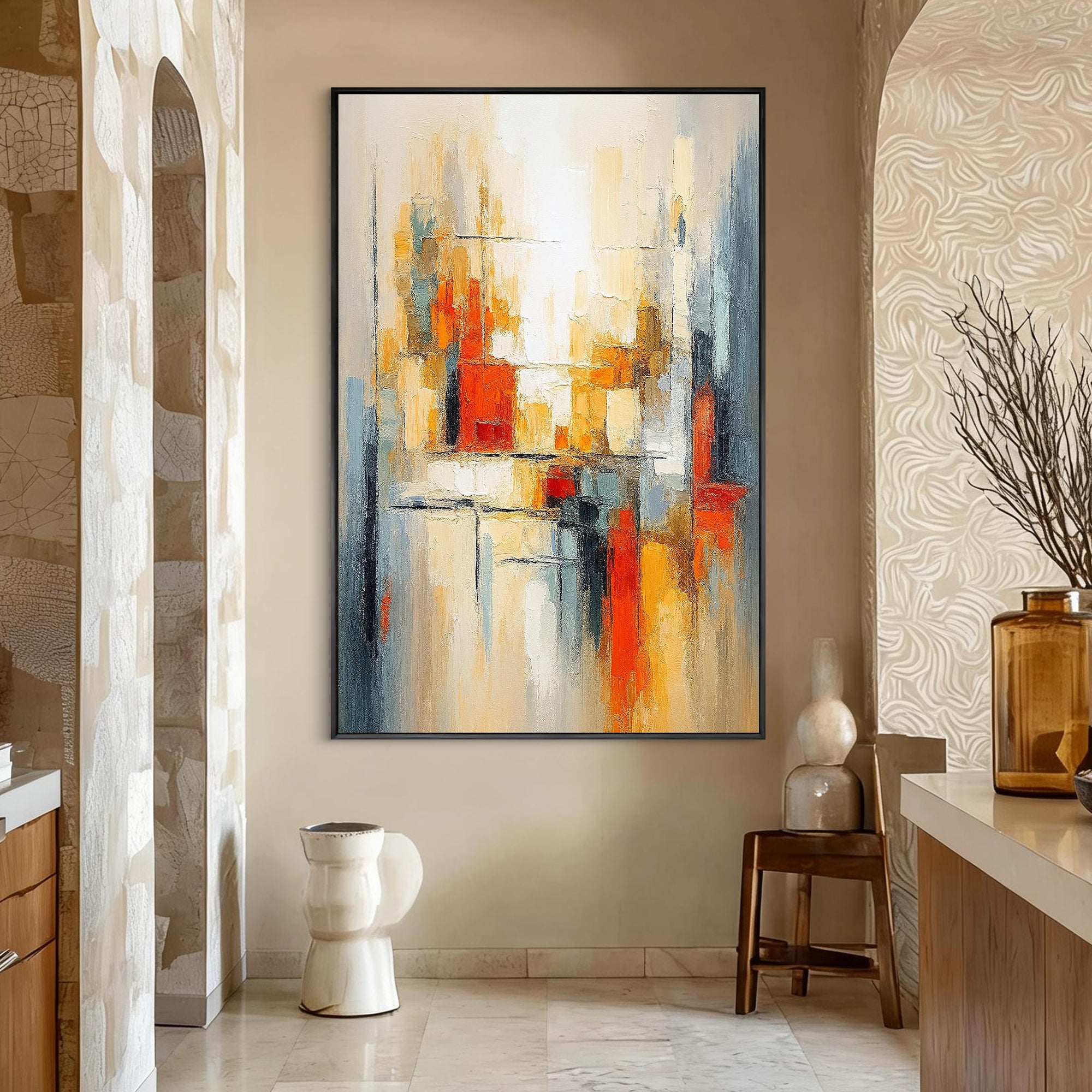 Urban Pulse – Bold Geometric Palette Knife Impasto Canvas Abstract Painting | Bold Abstract Palette Knife Living Room Art