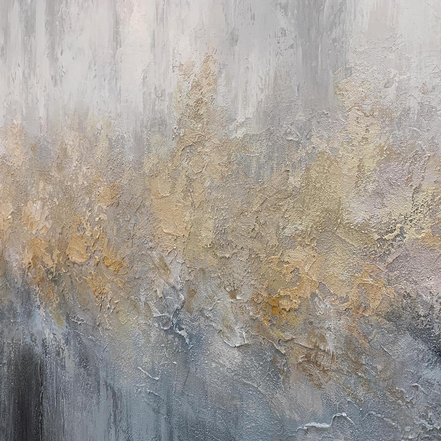 Golden Mist – Hand-Painted Grey and Gold Foil Abstract Plaster Effect Wabi-Sabi Painting | Japandi Wabi-Sabi Living Room & Bedroom Art