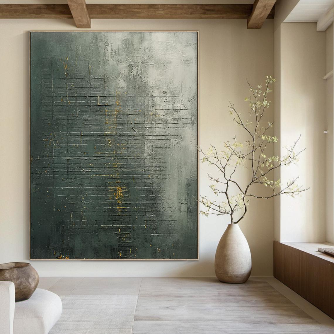 Golden Patina – Hand-Painted Distressed Dark Green Gold Foil Plaster Relief Wabi-Sabi Painting | Japandi Wabi-Sabi Living Room & Bedroom Art