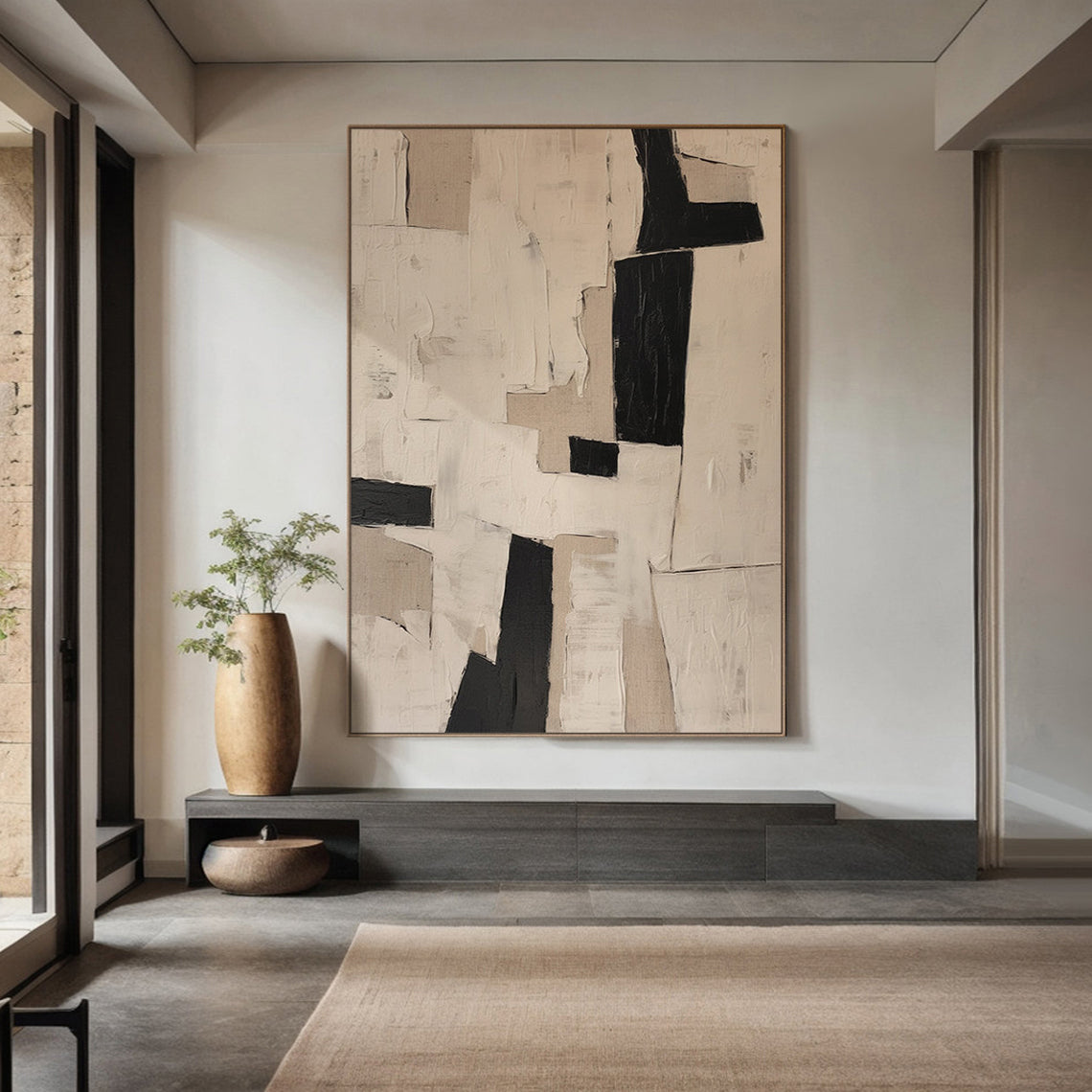 Earthen Monolith – Hand-Painted Black and Tan Palette Knife Wabi-Sabi Painting | Japandi Wabi-Sabi Living Room & Bedroom Art