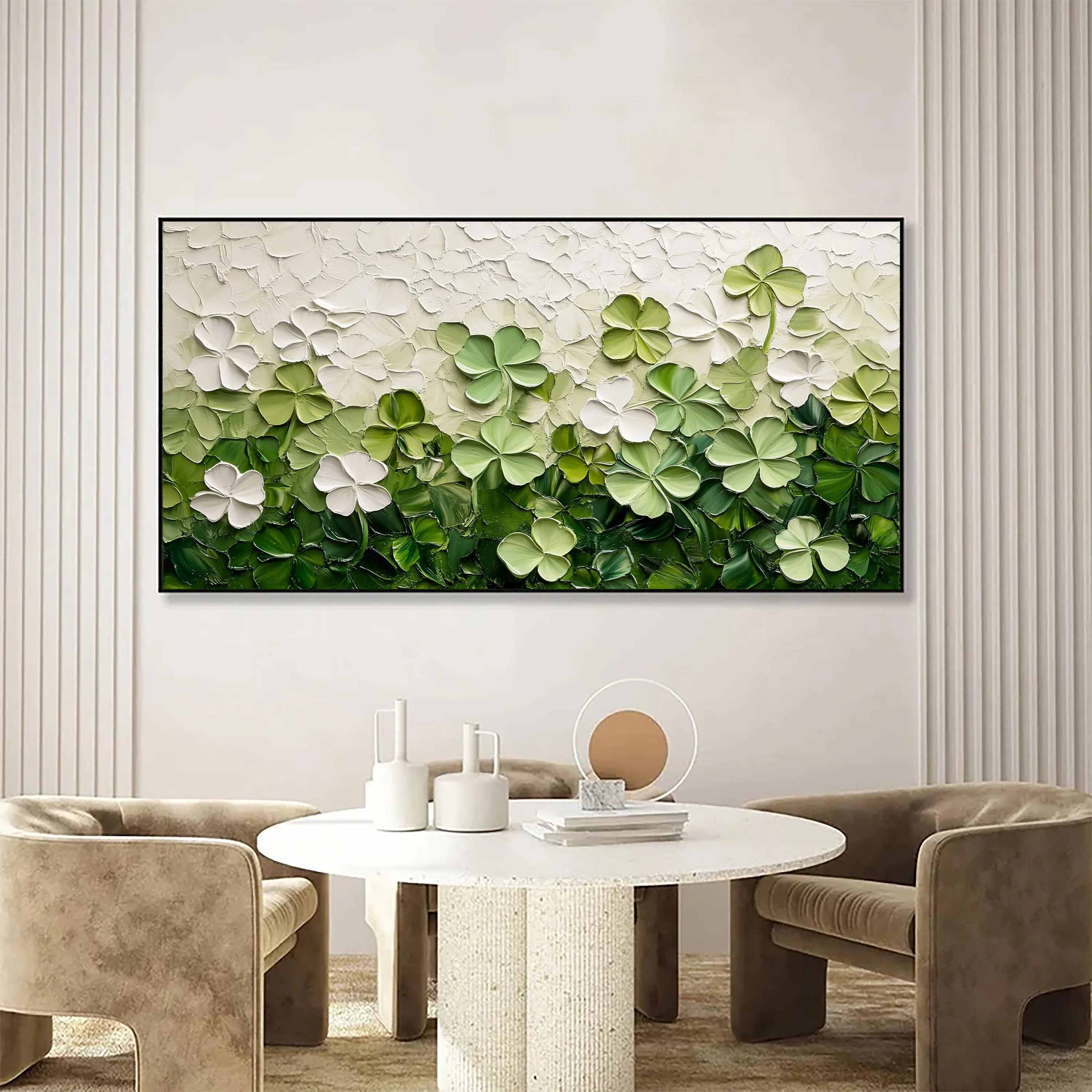 Lucky Meadow – Hand-Painted Green Clover Field Palette Knife Layered Floral Painting | Tropical Botanical Bedroom & Dining Room Art