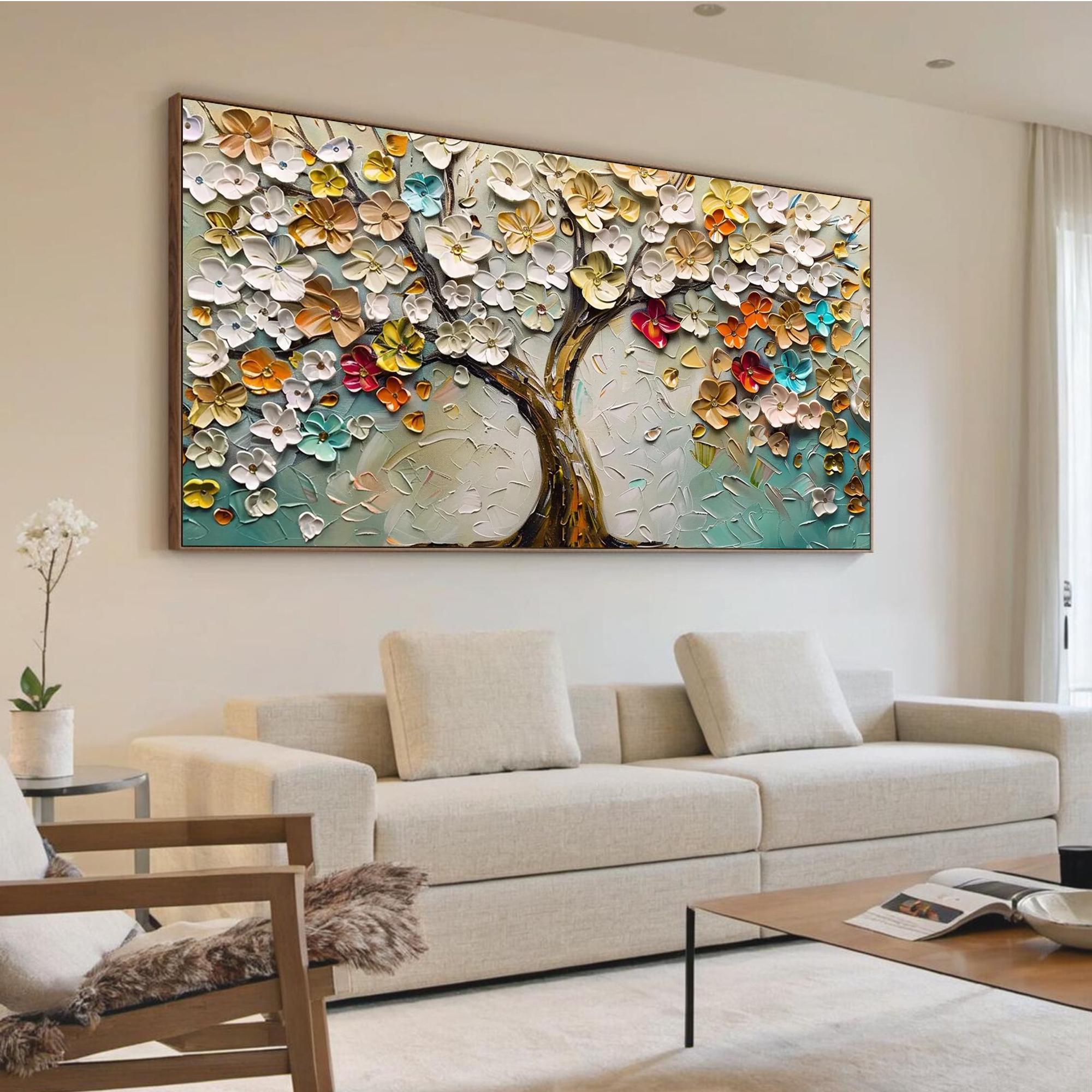 Blossom Symphony – Vibrant Floral Relief Texture Painting | Vibrant Botanical Living Room & Dining Room Art