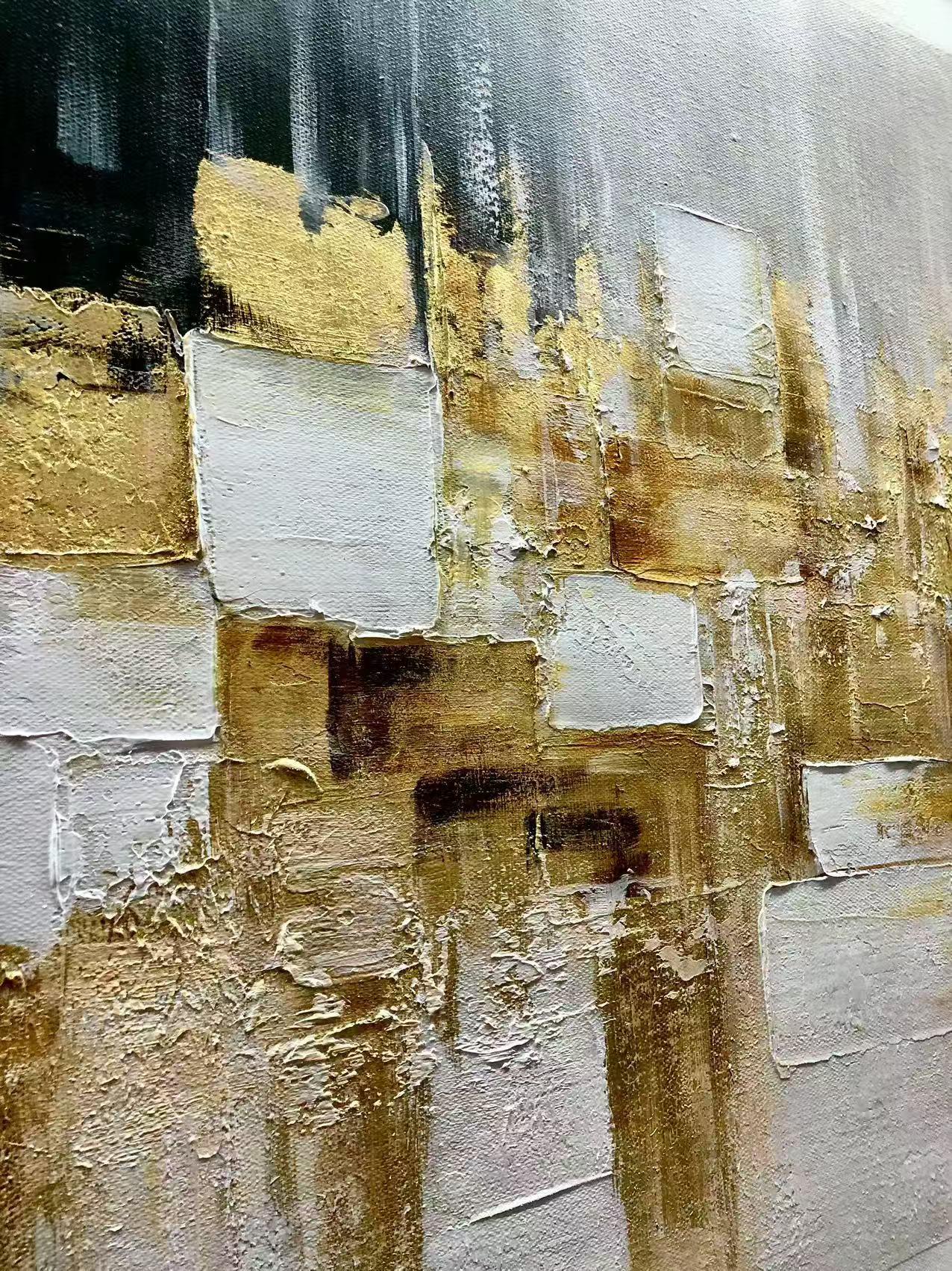 Golden Skyline – Luxury Abstract Urban Landscape Painting | Large Horizontal Impasto Living Room Art