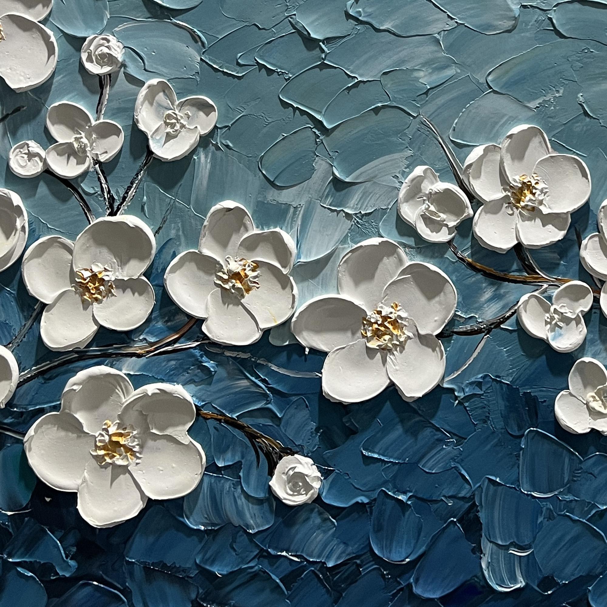 Midnight Blossom – Hand-Painted Prussian Blue and White 3D Relief Plaster Effect Floral Painting | Contemporary Botanical Bedroom & Living Room Art
