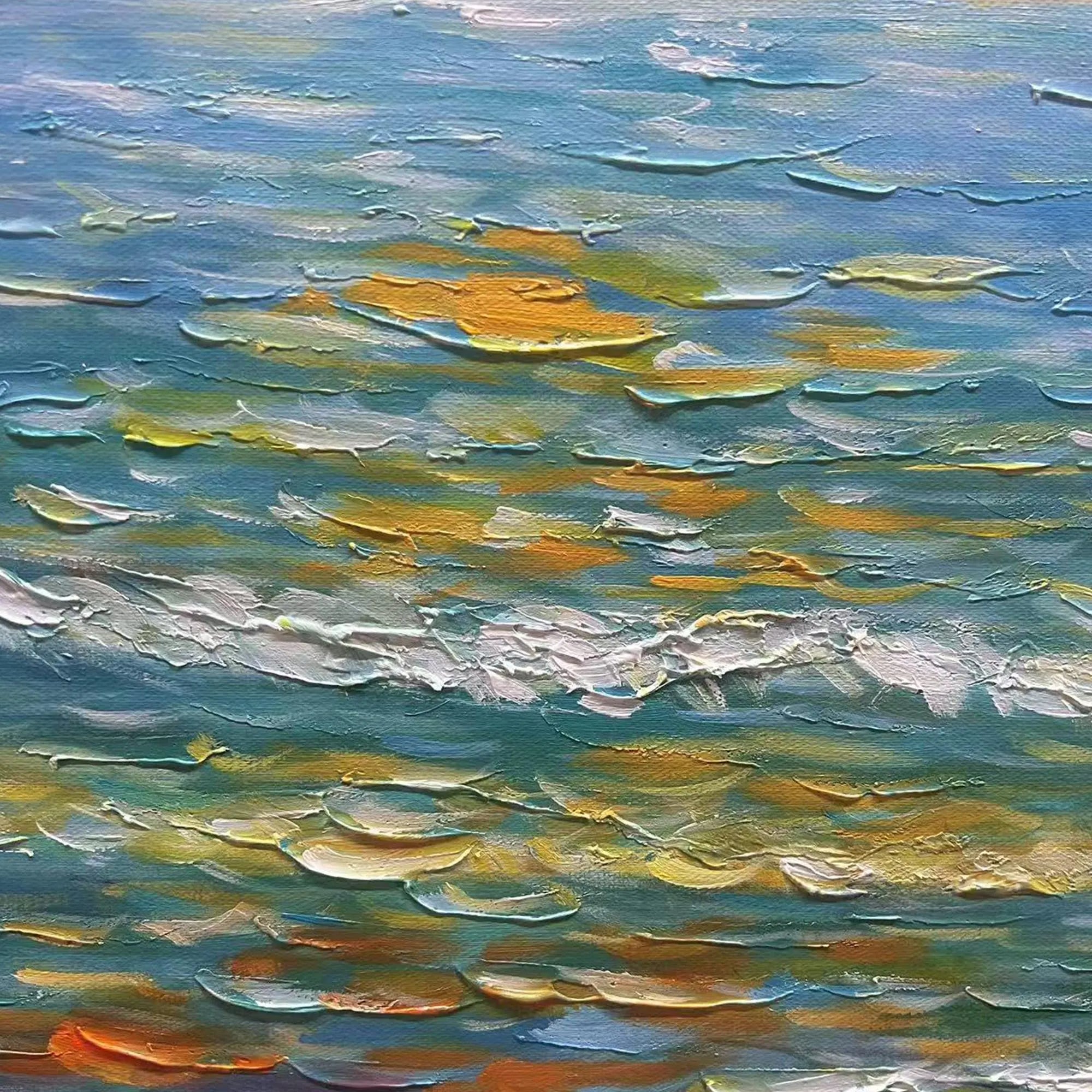 OCEAN REFLECTION: Texture Wall Art, Hand-Painted Horizontal Deep Blue Sea Sunset 3D Heavy Texture Palette Knife Gallery Art