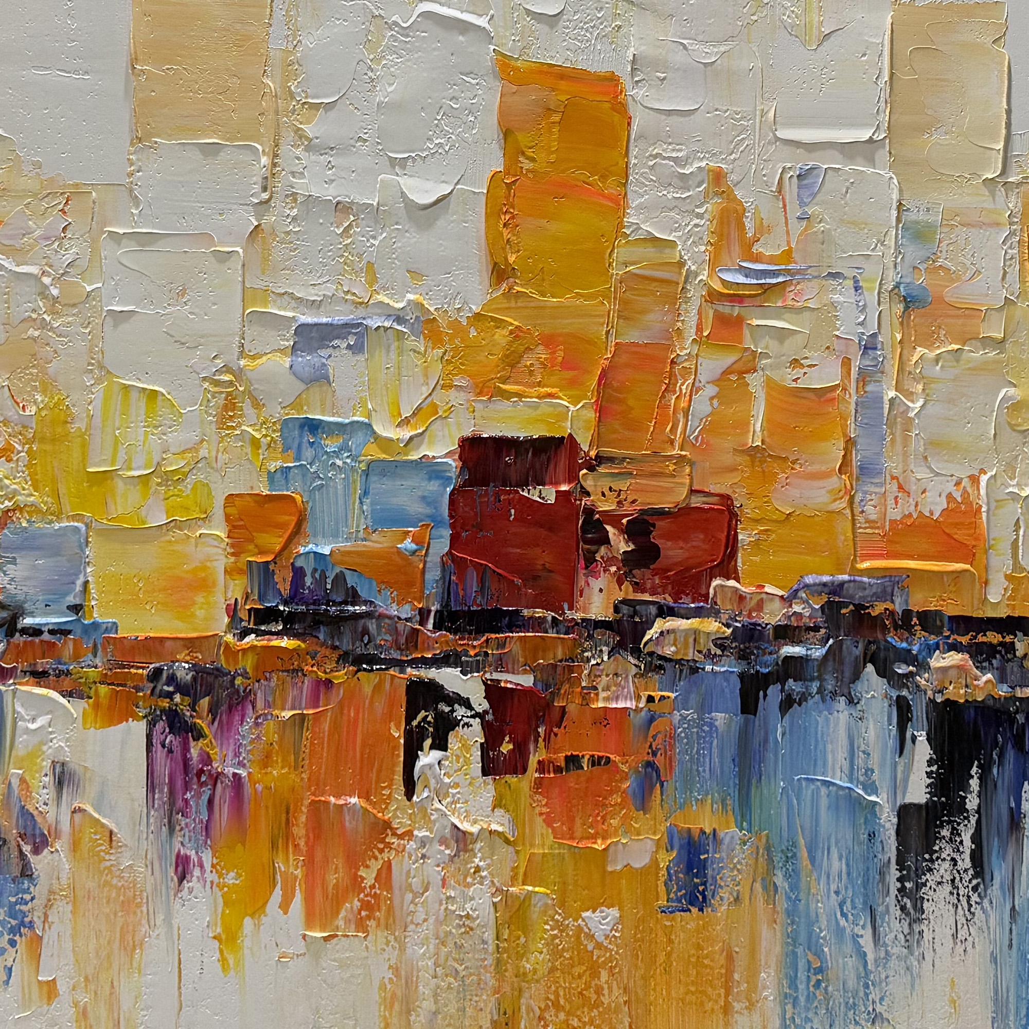 Urban Silhouette – Hand-Painted Yellow and Blue Cityscape Abstract Texture Painting | Modern Abstract Living Room & Office Art