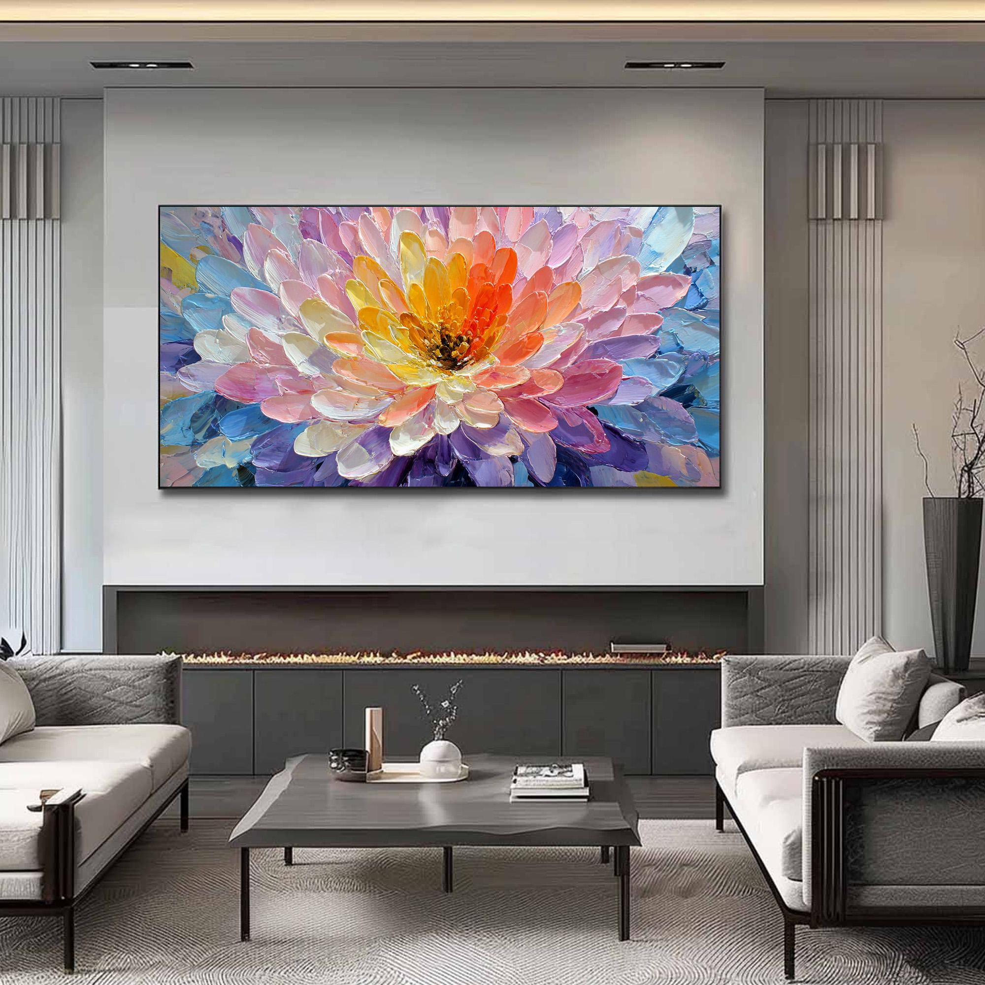 Vivid Bloom – Modern Rainbow Petal Relief Floral Painting | Vibrant Botanical Living Room & Dining Room Art