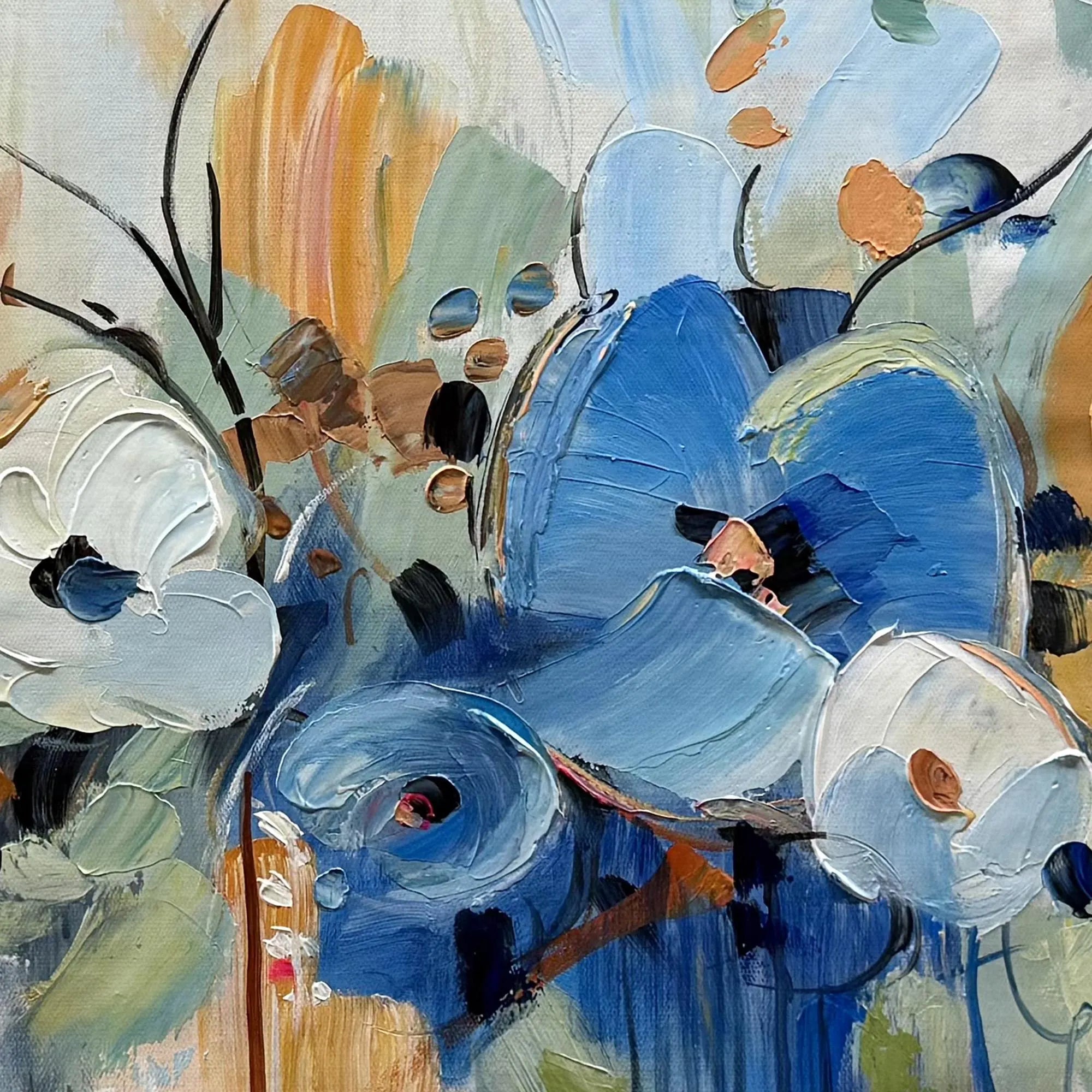 Azure Whisper – Hand-Painted Blue Wildflower Palette Knife Thick Textured Impressionist Oil Floral Painting | Contemporary Botanical Bedroom & Living Room Art