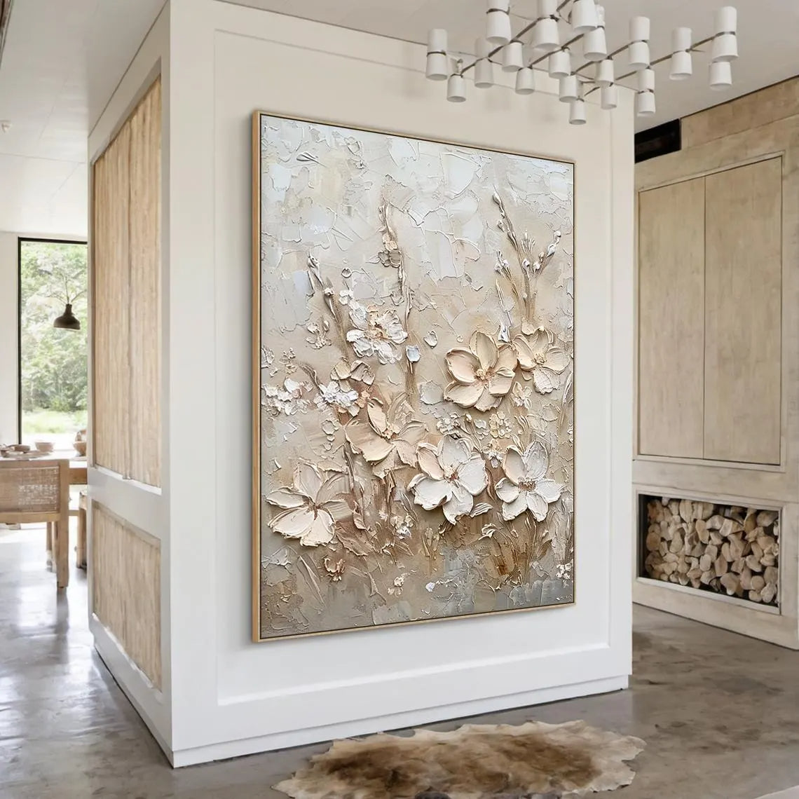 Ivory Blossoms – 3D Impasto Creamy White Floral Hand-Painted Plaster Effect Floral Painting | Soft Organic Botanical Bedroom & Living Room Art