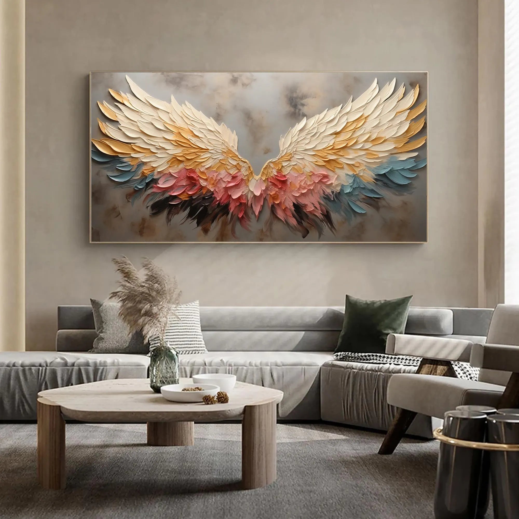 Sunset Wings – Gold & Rose Pink Feather Relief Texture Painting | Modern Luxury Metallic Living Room & Hotel Art