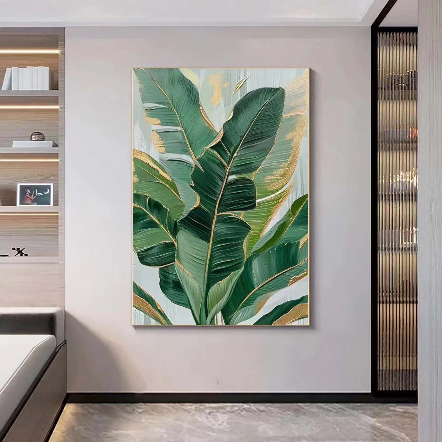 Emerald Whispers – Center Focus Botanical Relief with Gold Edges Texture Painting | Modern Luxury Botanical Living Room Wall Decor