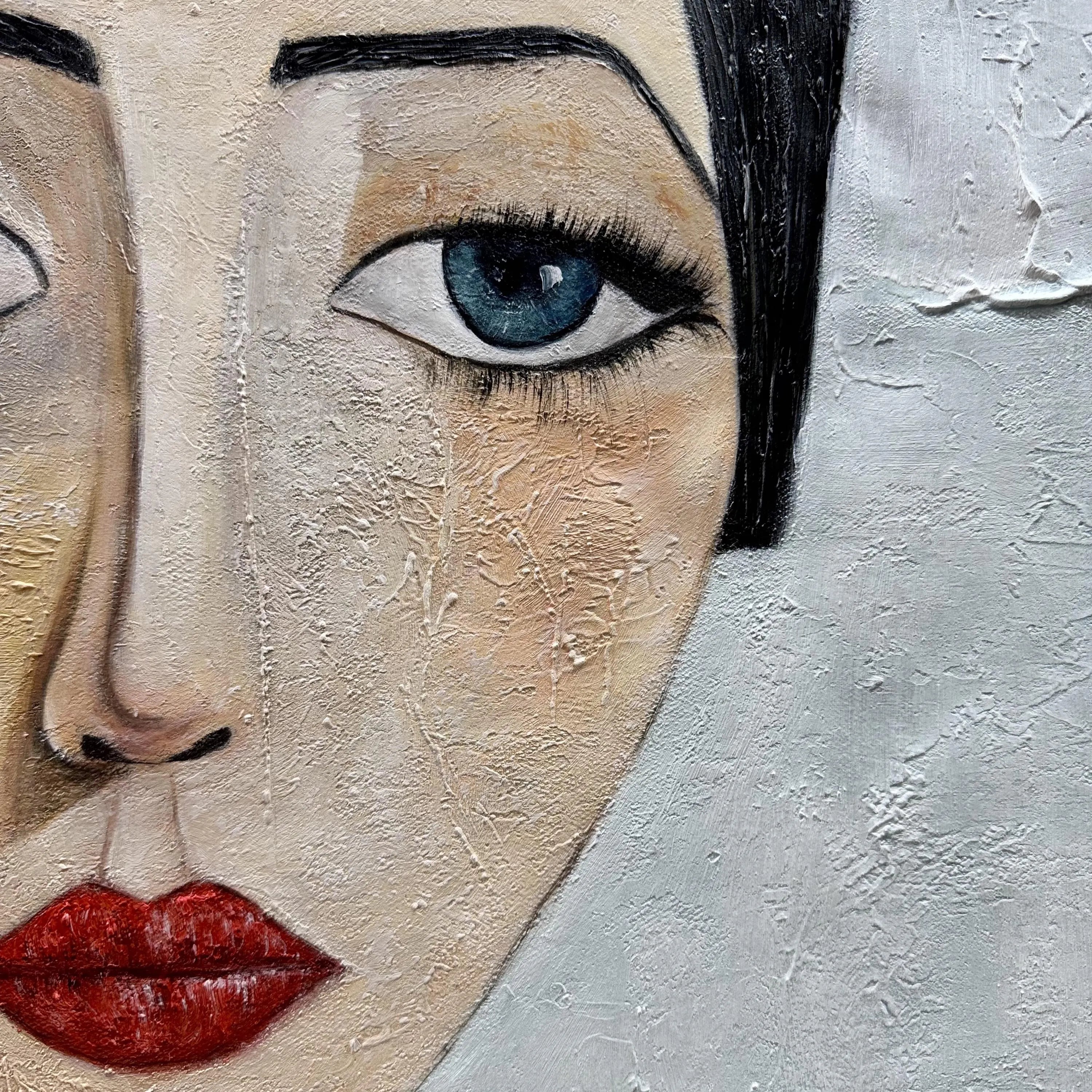 The Sapphire Gaze – Expressionist Modigliani-Style Woman Portrait Painting | Retro Minimalist Living Hallway Art