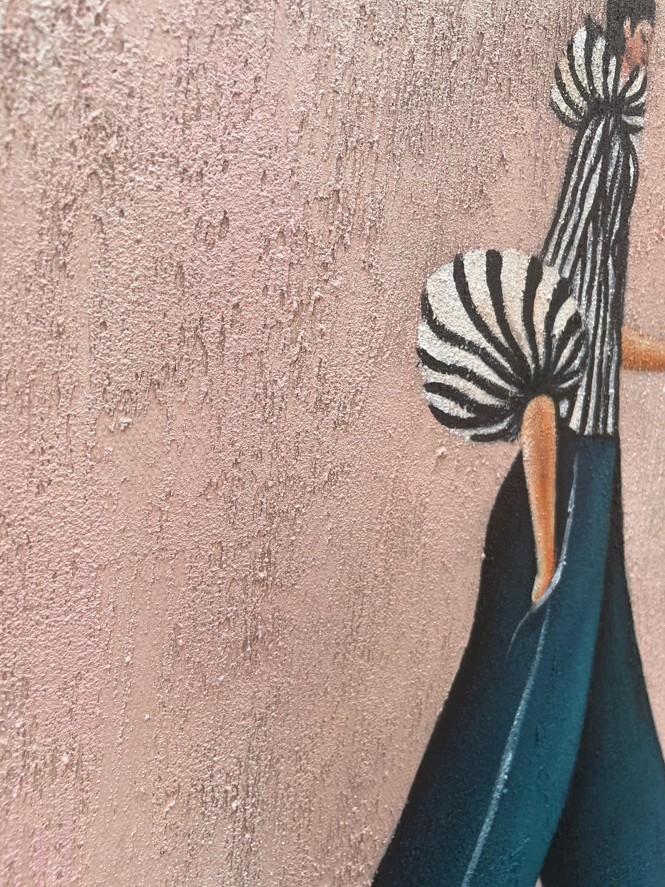 The Urban Stride – Avant-Garde Zebra Striped & Teal Figures Painting | Chic Dusty Pink Living Room Art