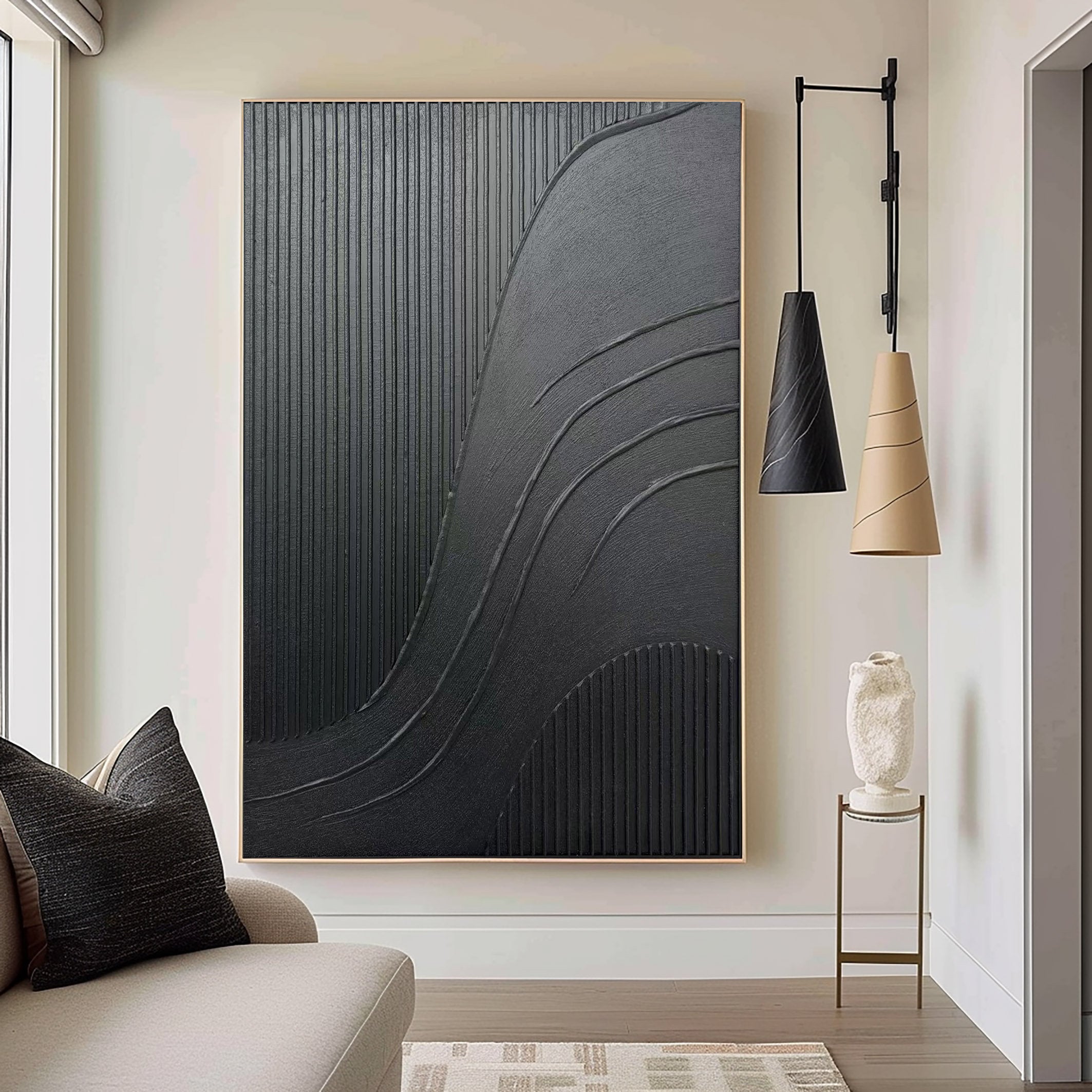 Obsidian Flow – Hand-Painted Pure Black Plaster Effect Multi-Layered Relief Wabi-Sabi Painting | Modern Noir Wabi-Sabi Living Room & Home Office Art