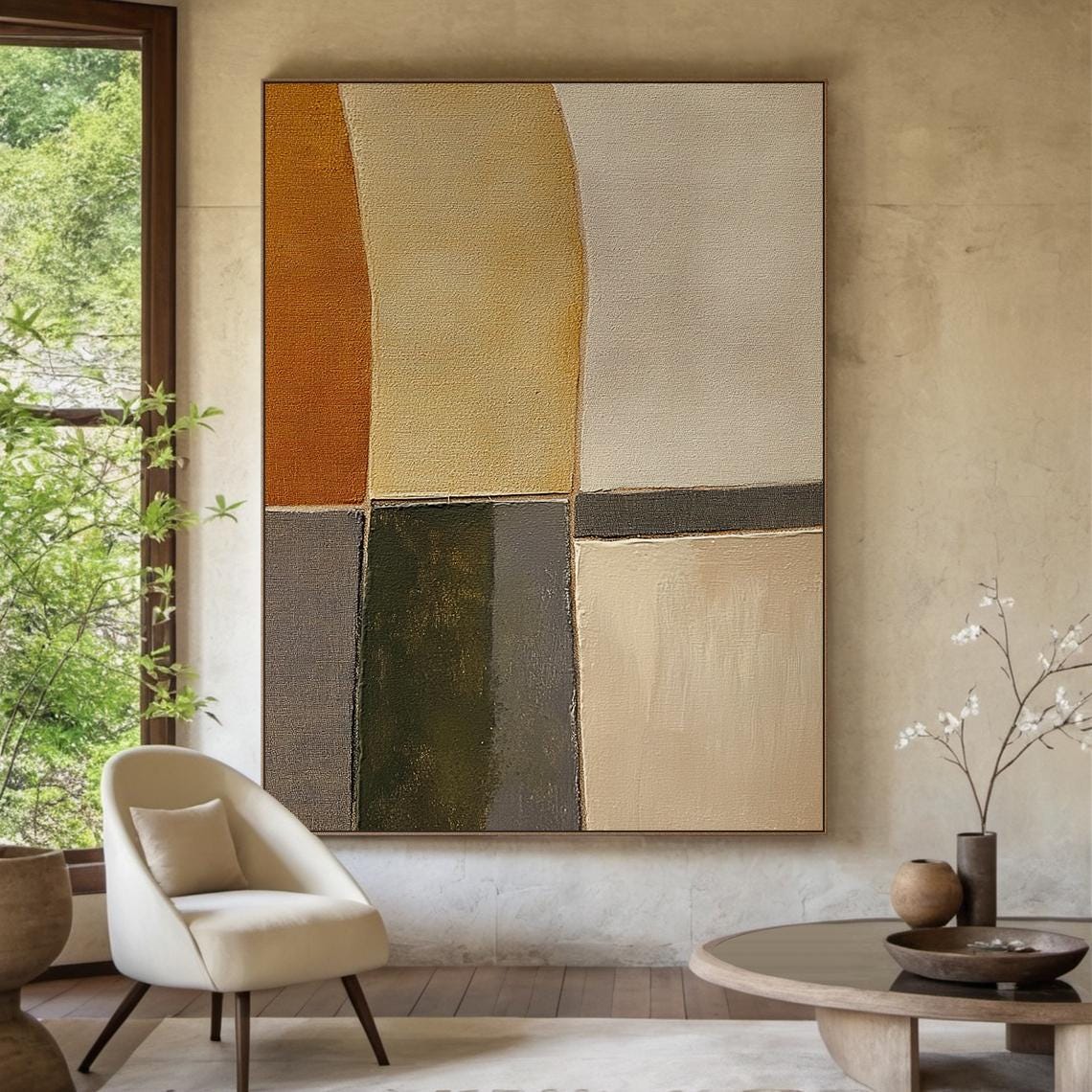 MID-CENTURY BLOCKS: Minimalist Wall Art, Hand-Painted Modern Abstract Ochre and Grey Textured Gallery Art