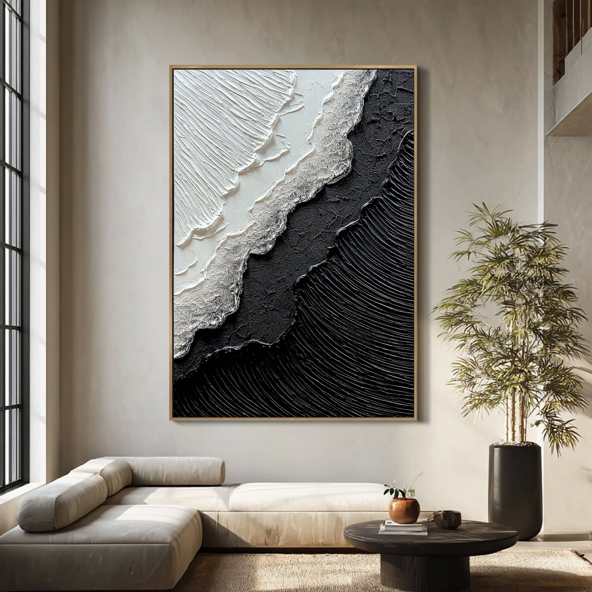 Onyx Split – Modern Black & White Plaster Relief Abstract Painting | Industrial Abstract Home Office & Living Room Art