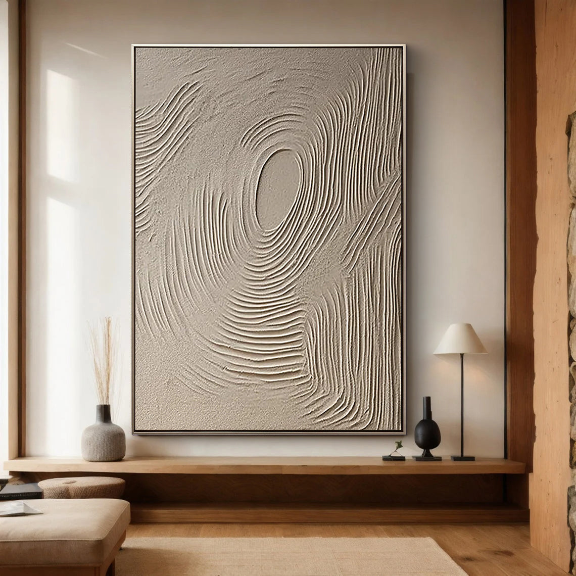 Zen Ripple – Hand-Painted Minimalist Beige Circular Line Relief Wabi-Sabi Painting | Japandi Organic Wabi-Sabi Living Room & Hallway Art