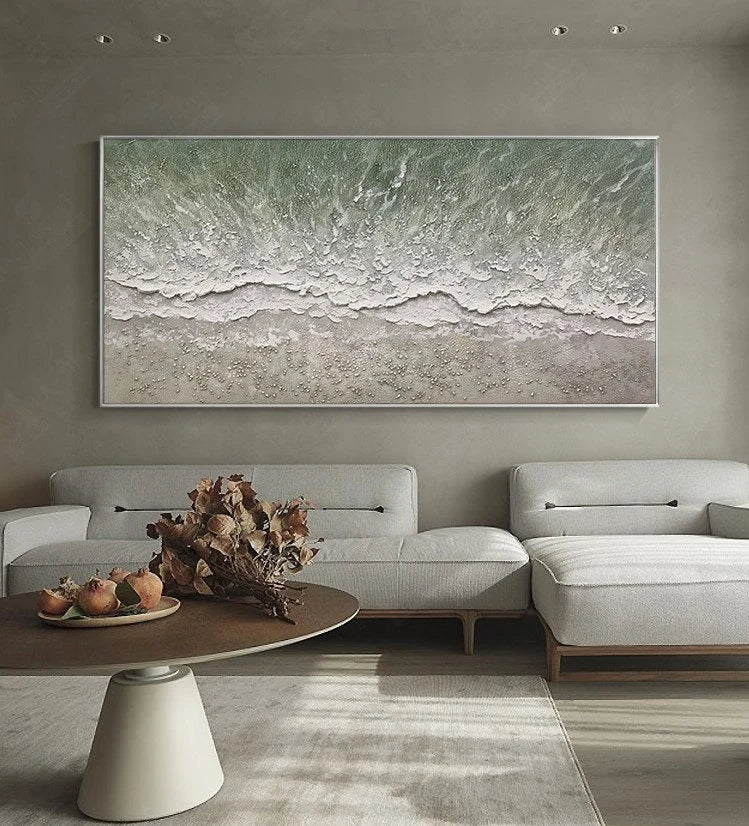 Tidal Whispers – Modern Coastal Sage Green Ocean Wave Painting | Horizontal Textured Living Room Art
