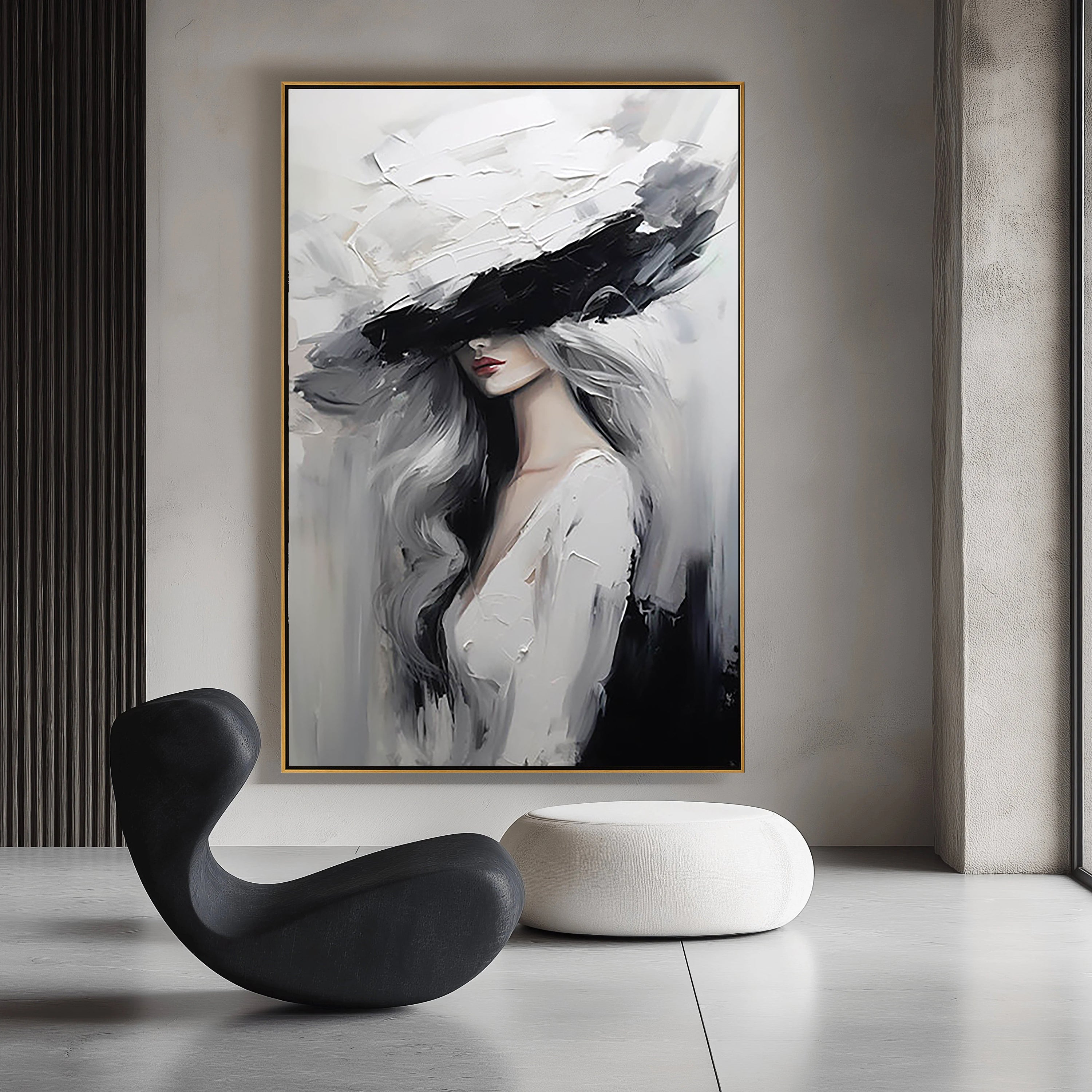 Modern Chic – Palette Knife Portrait Painting | Stylish Lady in Hat Abstract Bedroom Oil Art
