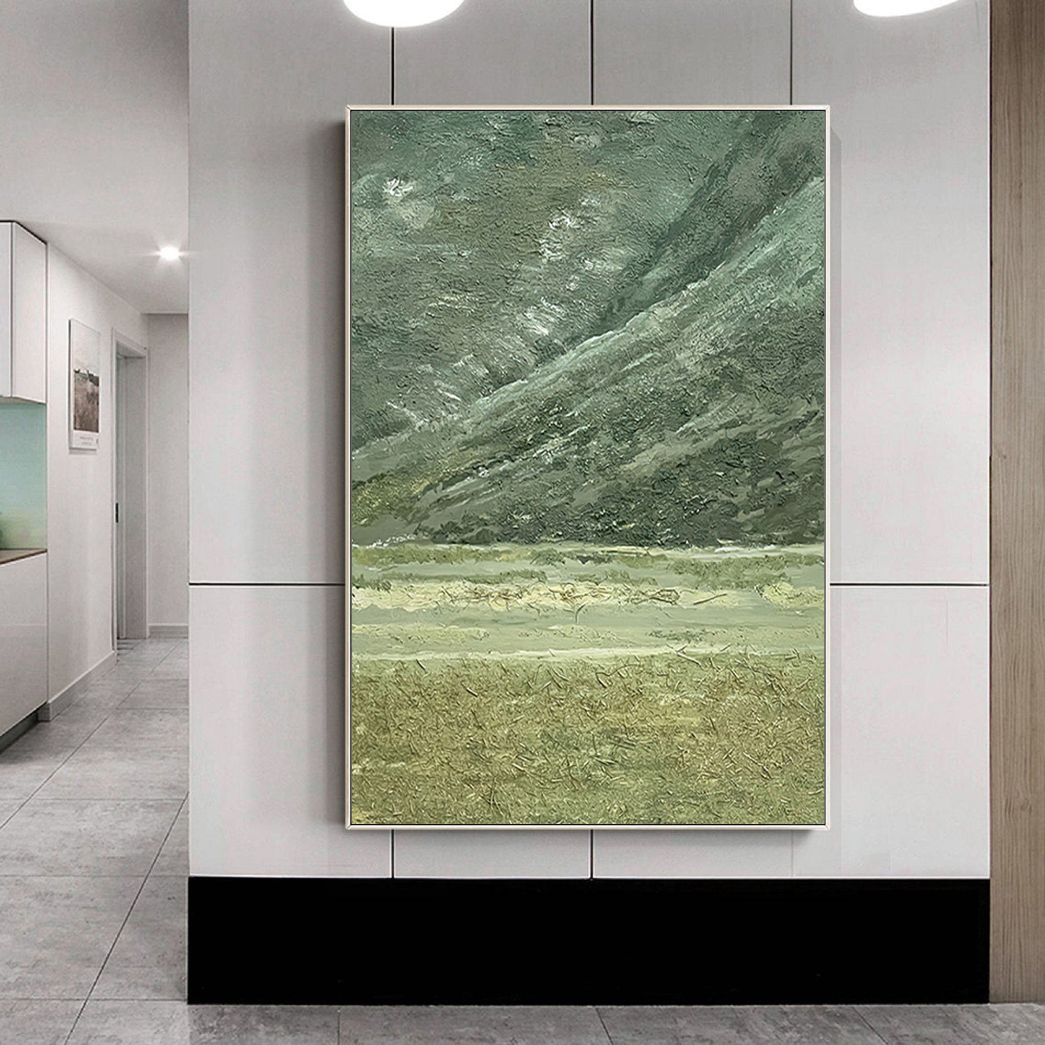Moss Strata – Hand-Painted Sage Green Plaster Effect Layered Wabi-Sabi Painting | Japandi Wabi-Sabi Living Room & Bedroom Art