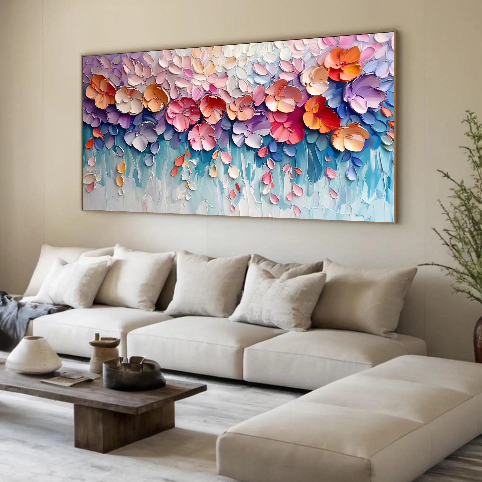 Flora’s Reverie – Modern 3D Impasto Pastel Floral Art | Romantic Living Room Horizontal Canvas