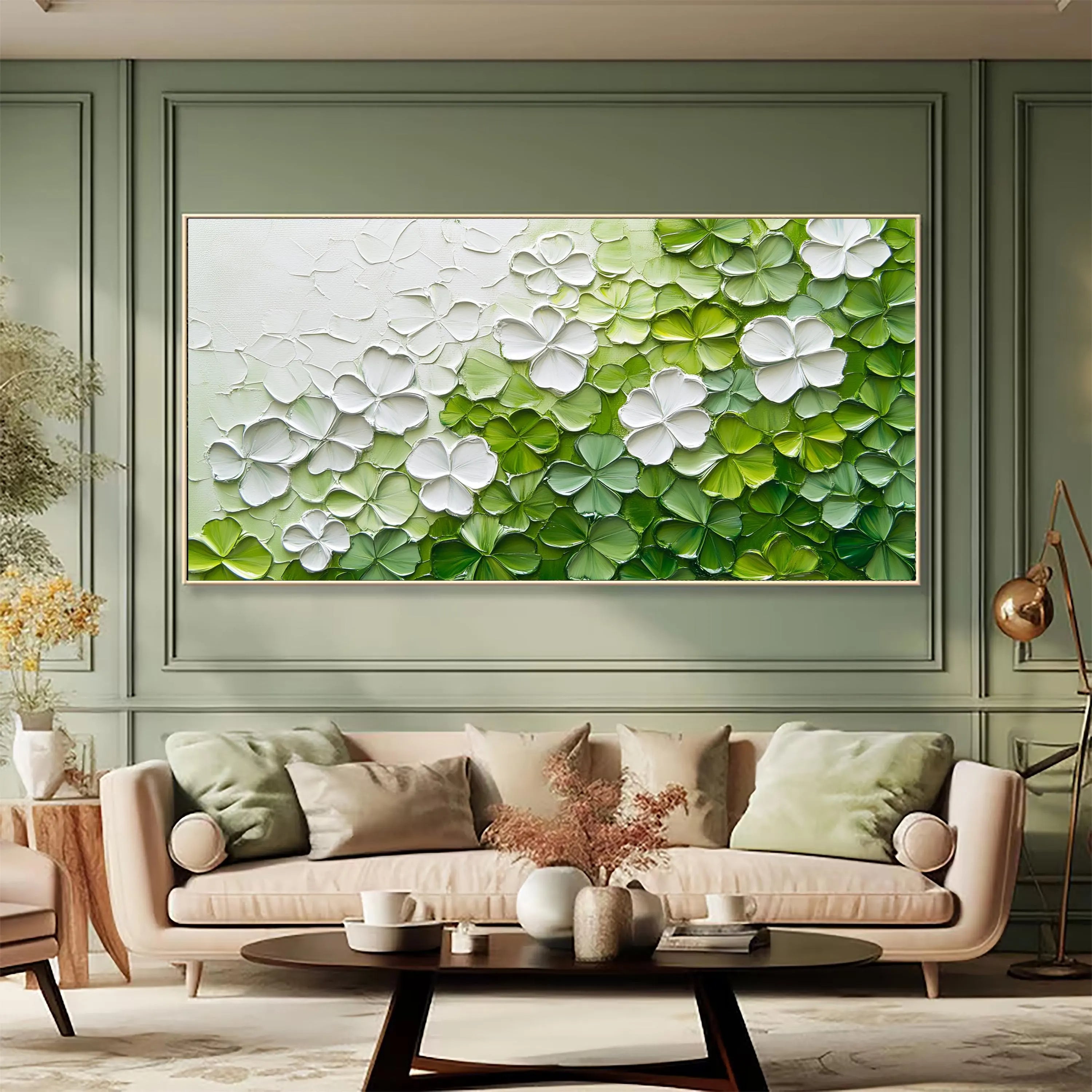 Lush Bloom – Modern White & Sage Green Relief Floral Painting | Tropical Botanical Bedroom & Dining Room Art