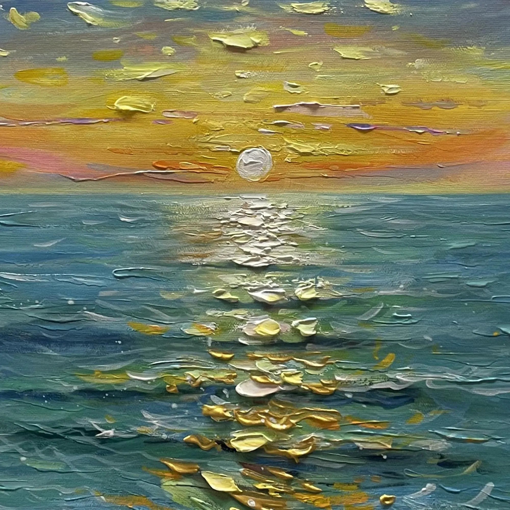 GOLDEN TIDE: Landscape Art, Hand-Painted Sunset Ocean with Glistening Gold Impasto 3D Heavy Texture Studio Art