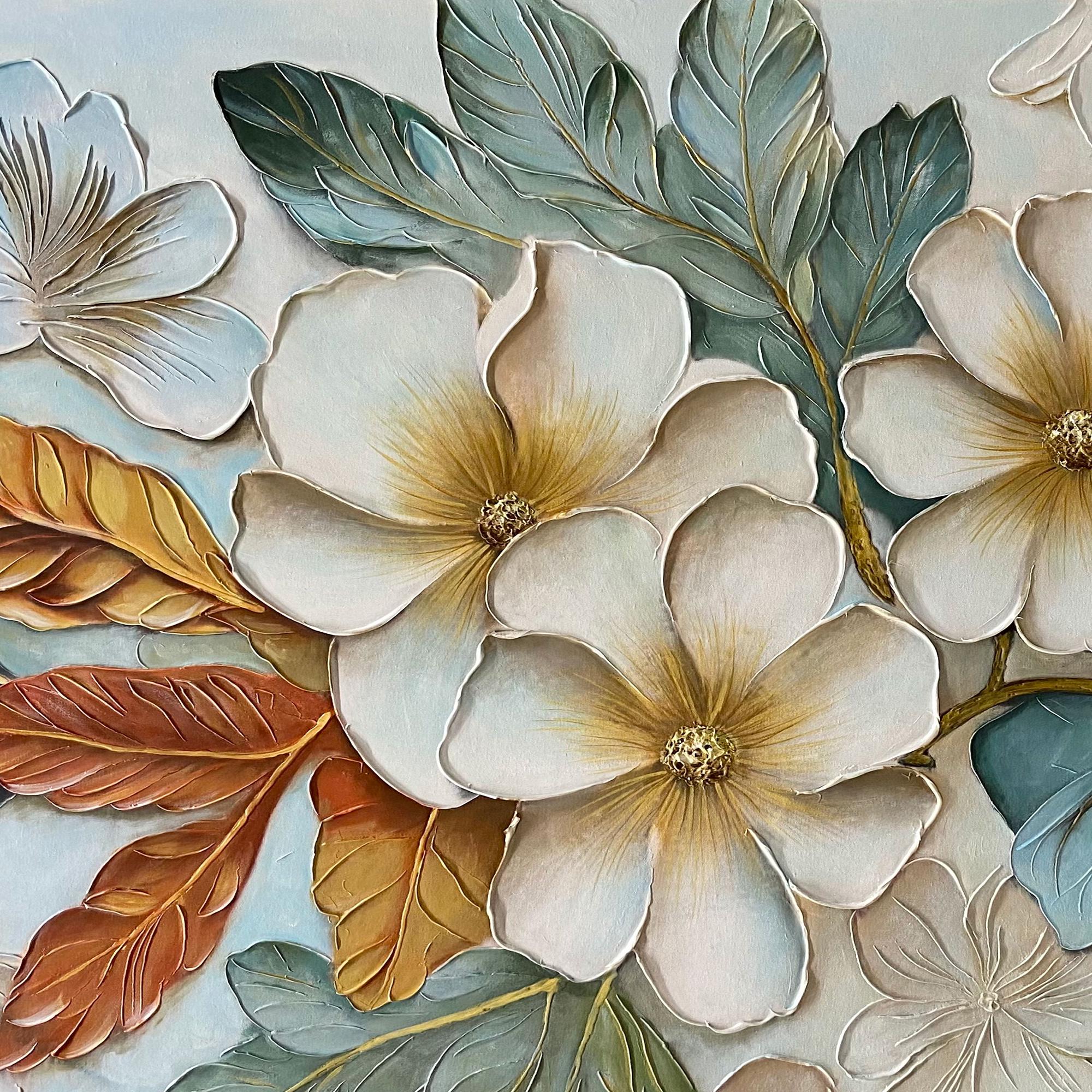 Vintage Bloom – Modern Botanical Plaster Relief Floral Painting | Contemporary Botanical Bedroom & Living Room Art