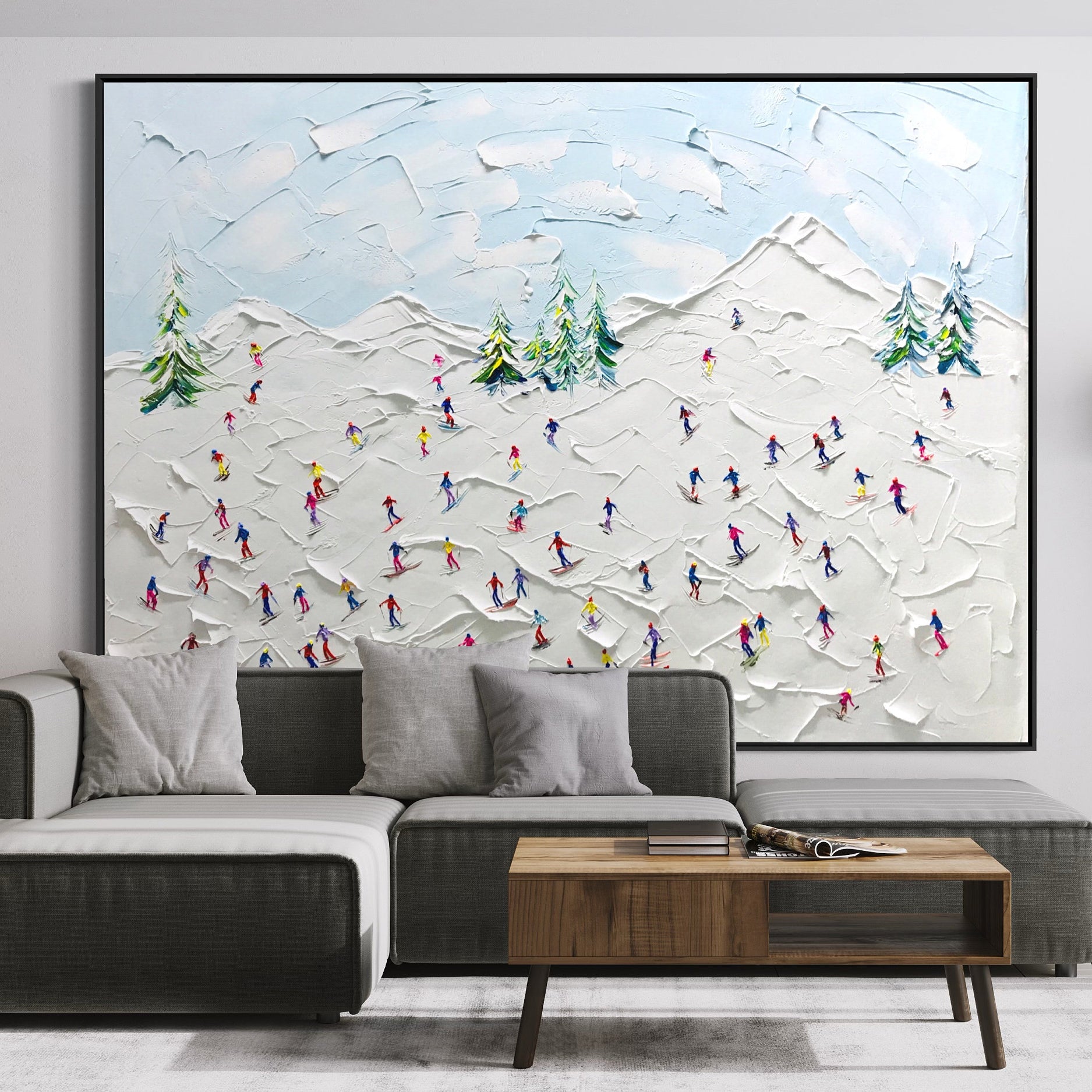 Summit Joy – Modern Heavy Impasto Skiing Oil Painting | Creative Snow Mountain Textured Living Room Art