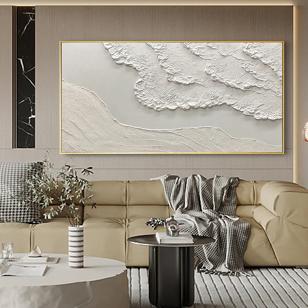 WHITE CLIFF: Texture Wall Art, Hand-Painted Horizontal Minimalist White Plaster Effect Relief 3D Textured Studio Art