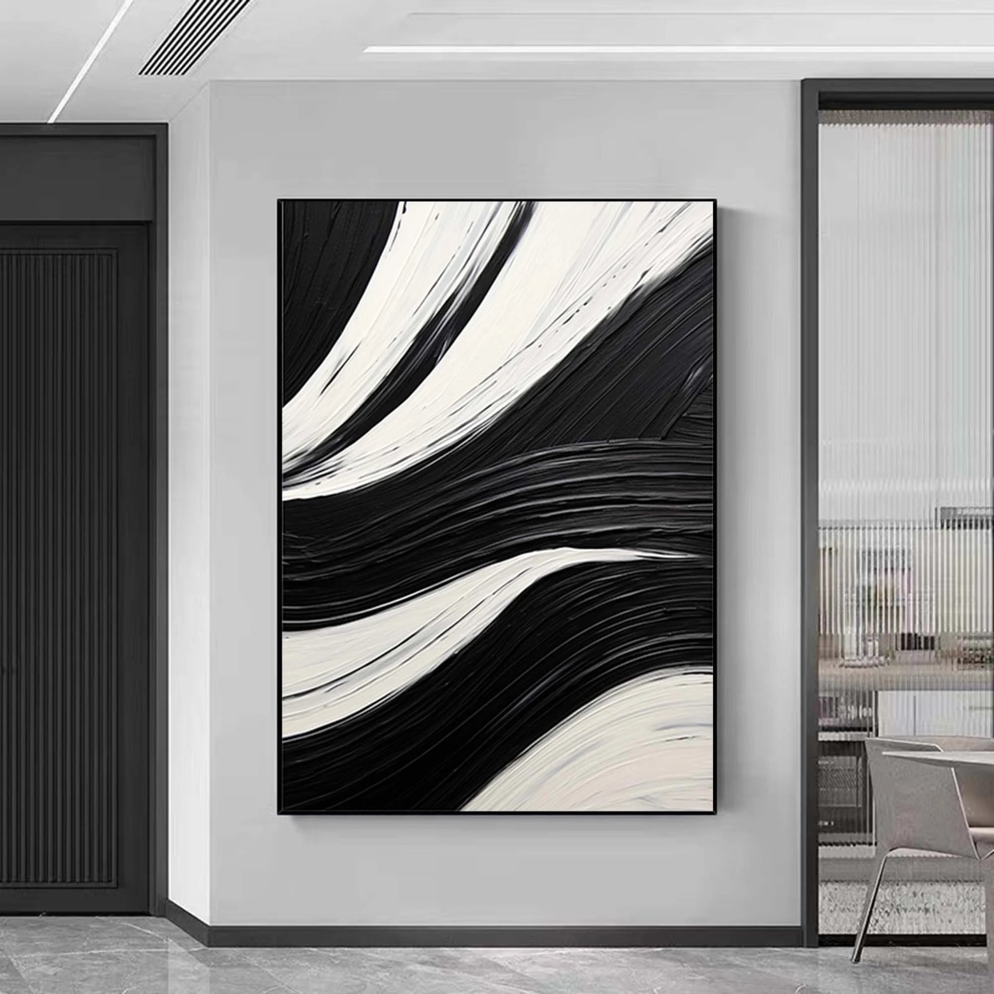 MONO SWIRL: Minimalist Wall Art, Hand-Painted Black and White Abstract Spiral Palette Knife Heavy Texture Canvas Painting
