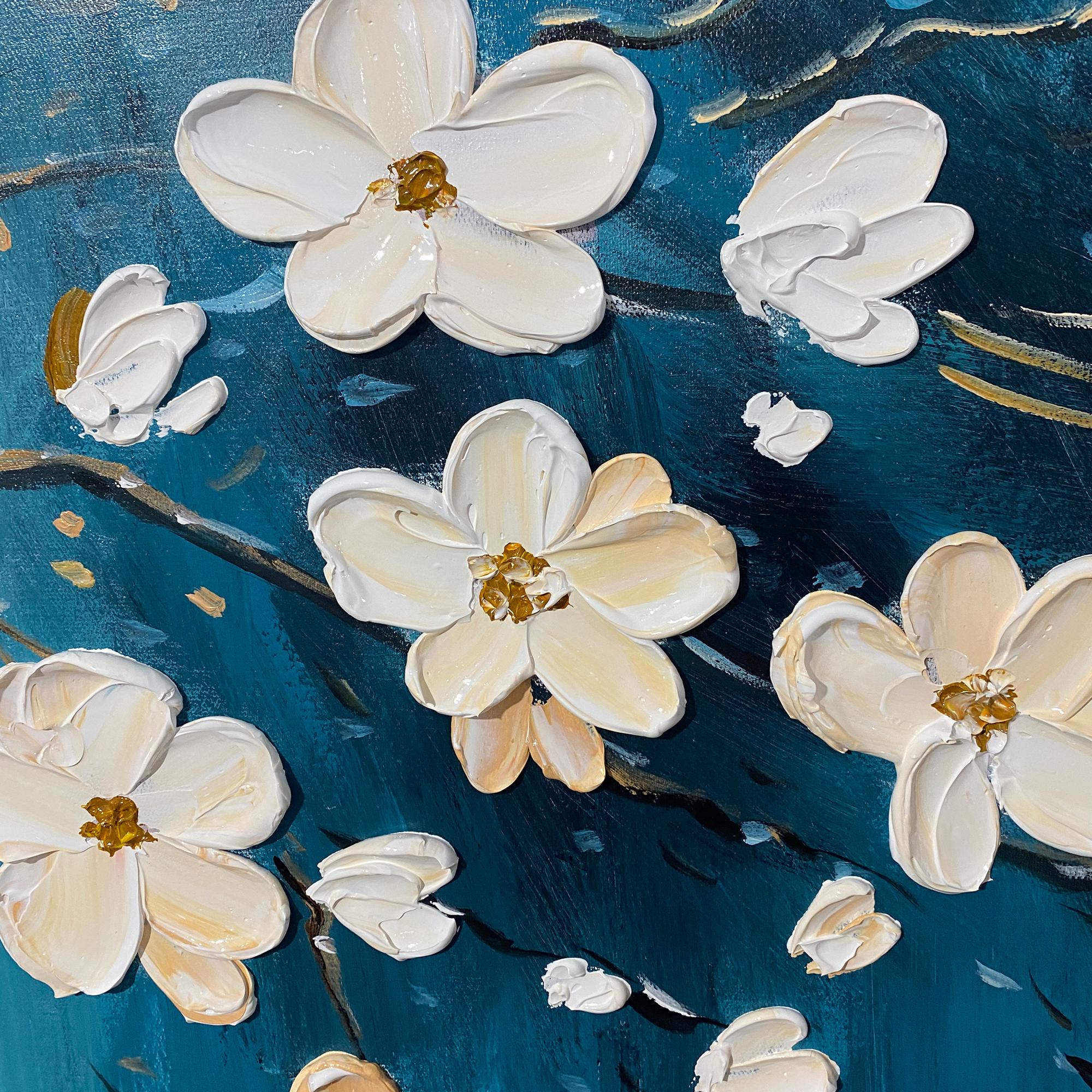Golden Blossoms – Modern Blue and Gold Tree Hand-Painted Floral Painting | Modern Luxury Botanical Bedroom & Living Room Art