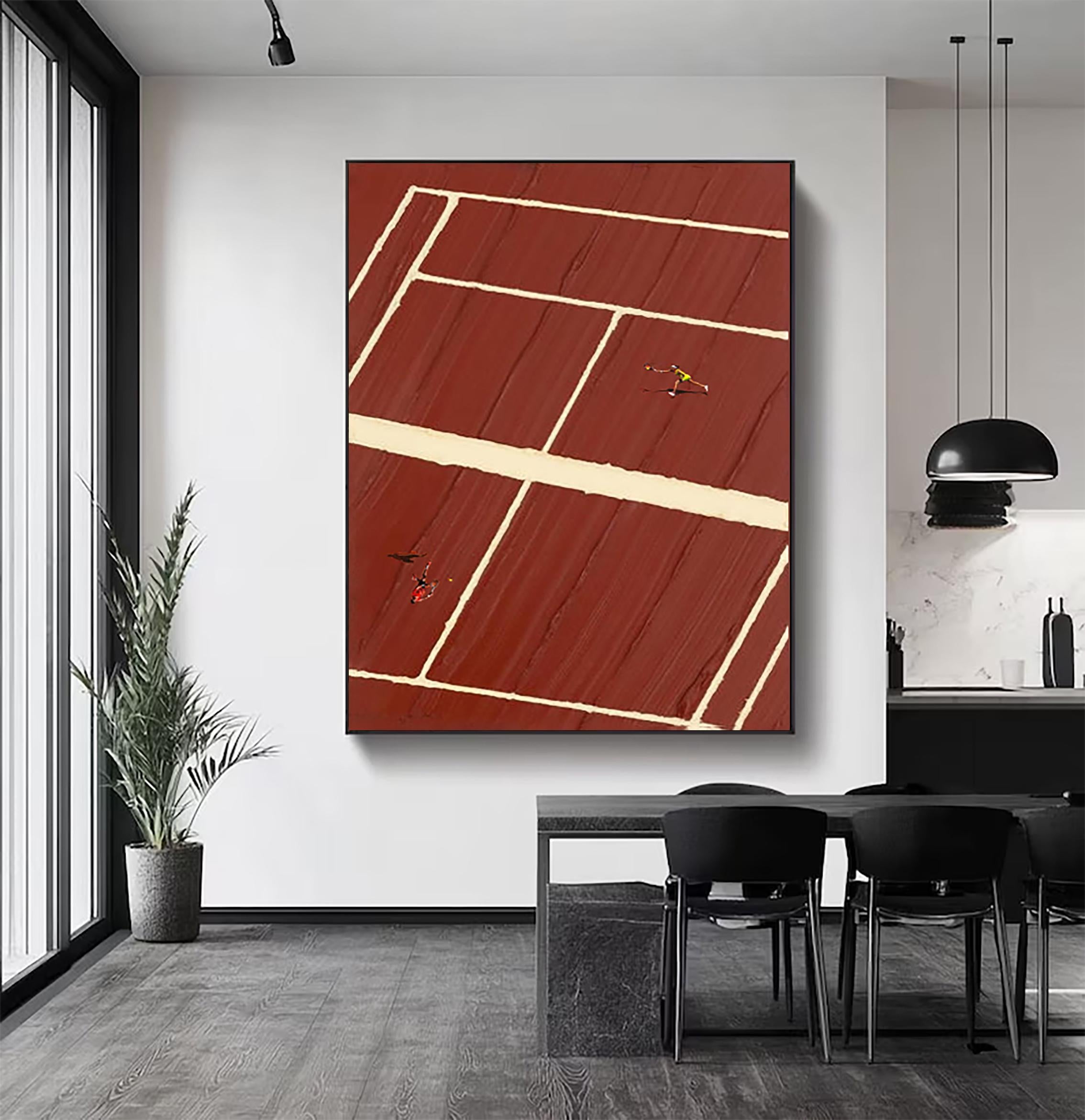 Clay Court – Minimalist Red Clay Tennis Court Hand-Painted Geometric Sport Painting | Contemporary Sport Home Office & Living Room Art