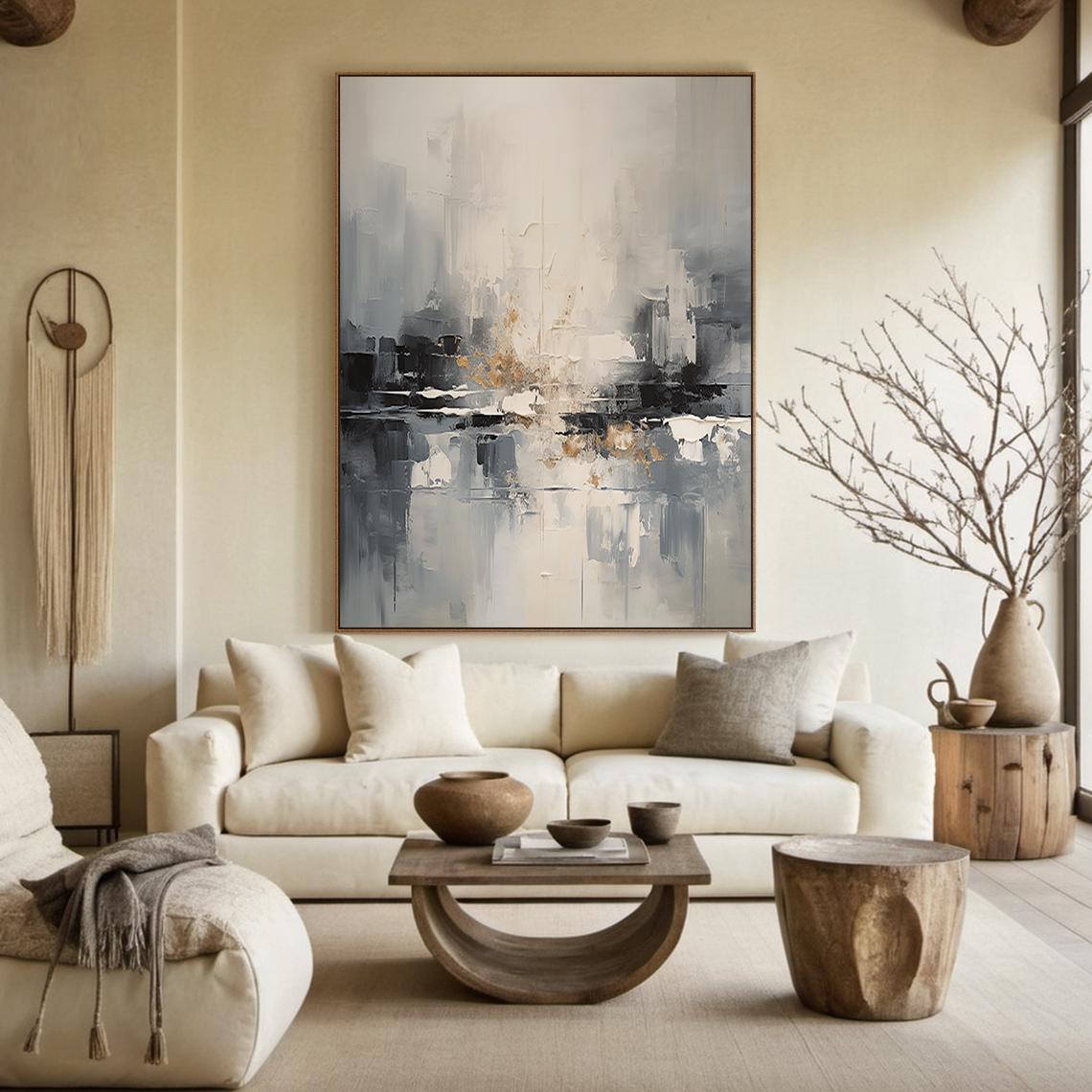 Urban Reflection – Hand-Painted Grey and Gold Foil Palette Knife Abstract Painting | Modern Abstract Living Room & Office Art