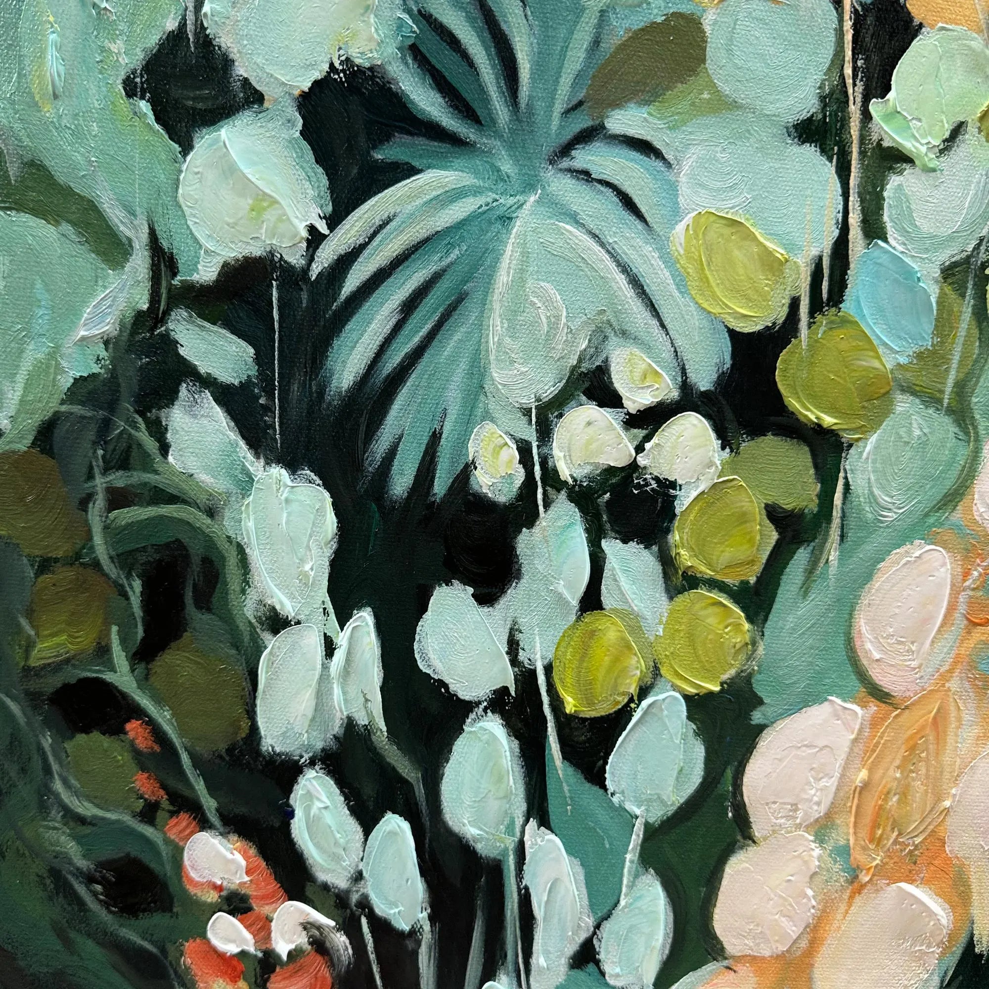 Jungle Bloom – Hand-Painted Deep Green and Apricot Flower Palette Knife Floral Painting | Tropical Botanical Bedroom & Dining Room Art