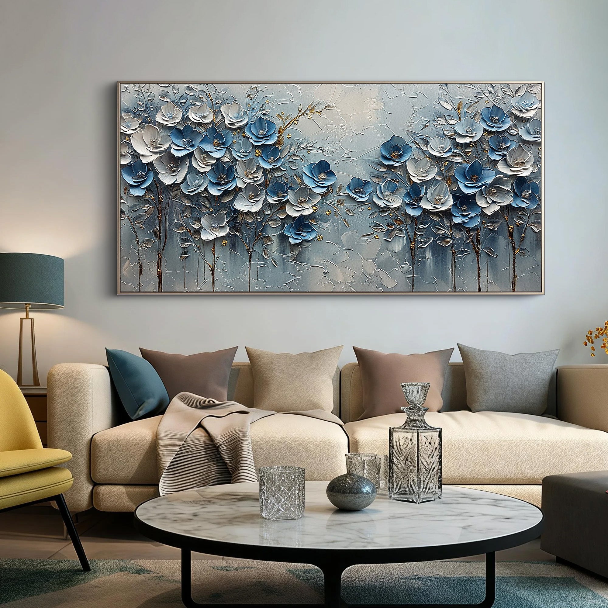 Cerulean Bloom – Hand-Painted Blue and White 3D Textured Palette Knife Floral Painting | Contemporary Botanical Bedroom & Living Room Art
