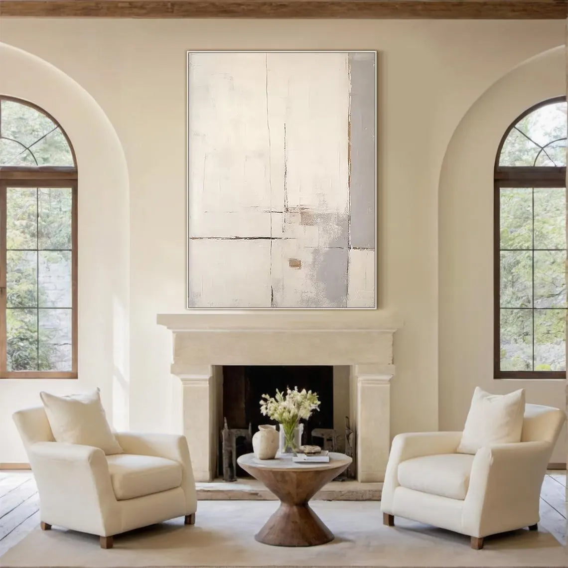 Minimalist Trace – Hand-Painted Minimalist Beige and Grey Plaster Relief Wabi-Sabi Painting | Japandi Organic Wabi-Sabi Living Room & Hallway Art