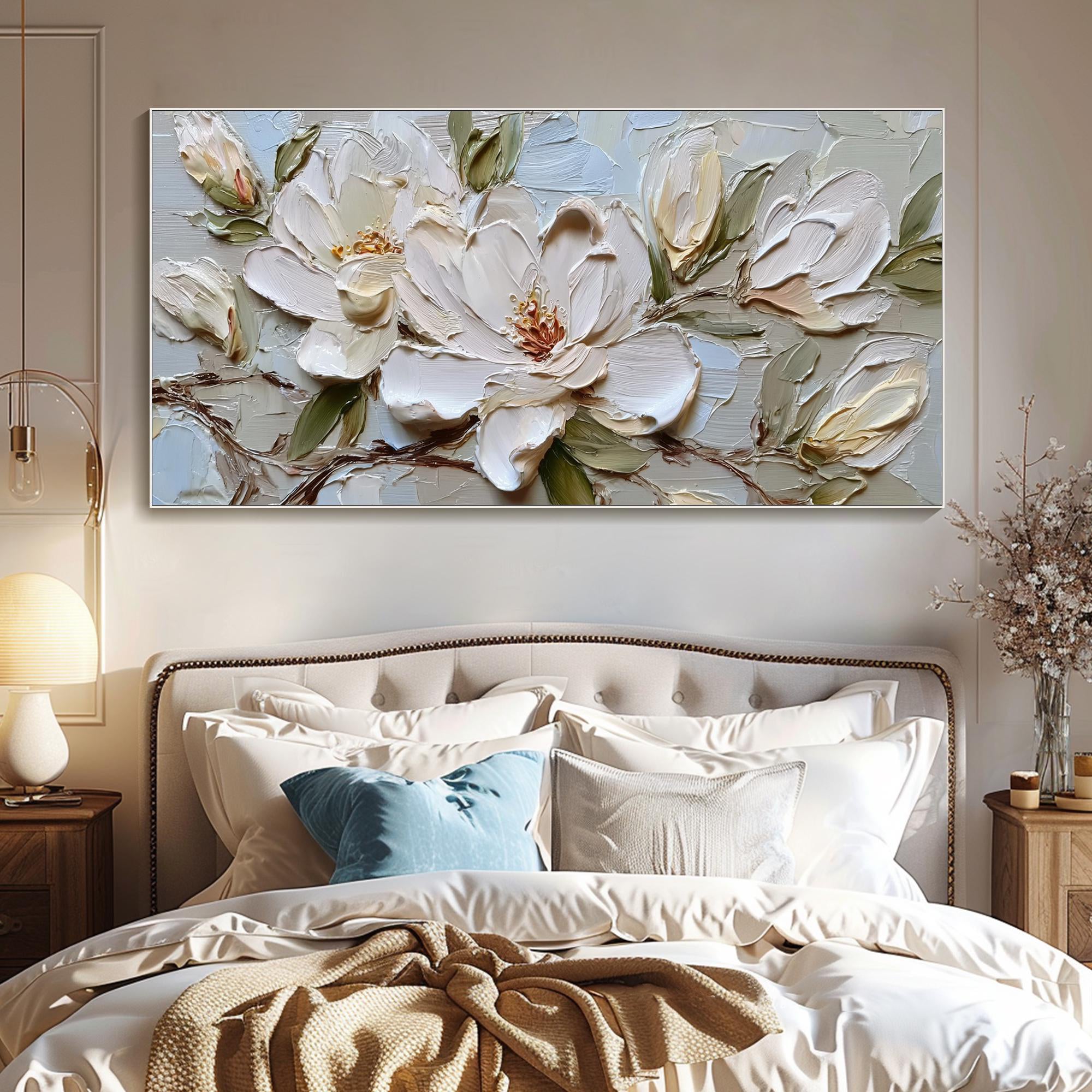 SERENE MAGNOLIA: Panoramic 3D Heavy Texture Floral Wall Art, Modern White Petal Relief Impasto