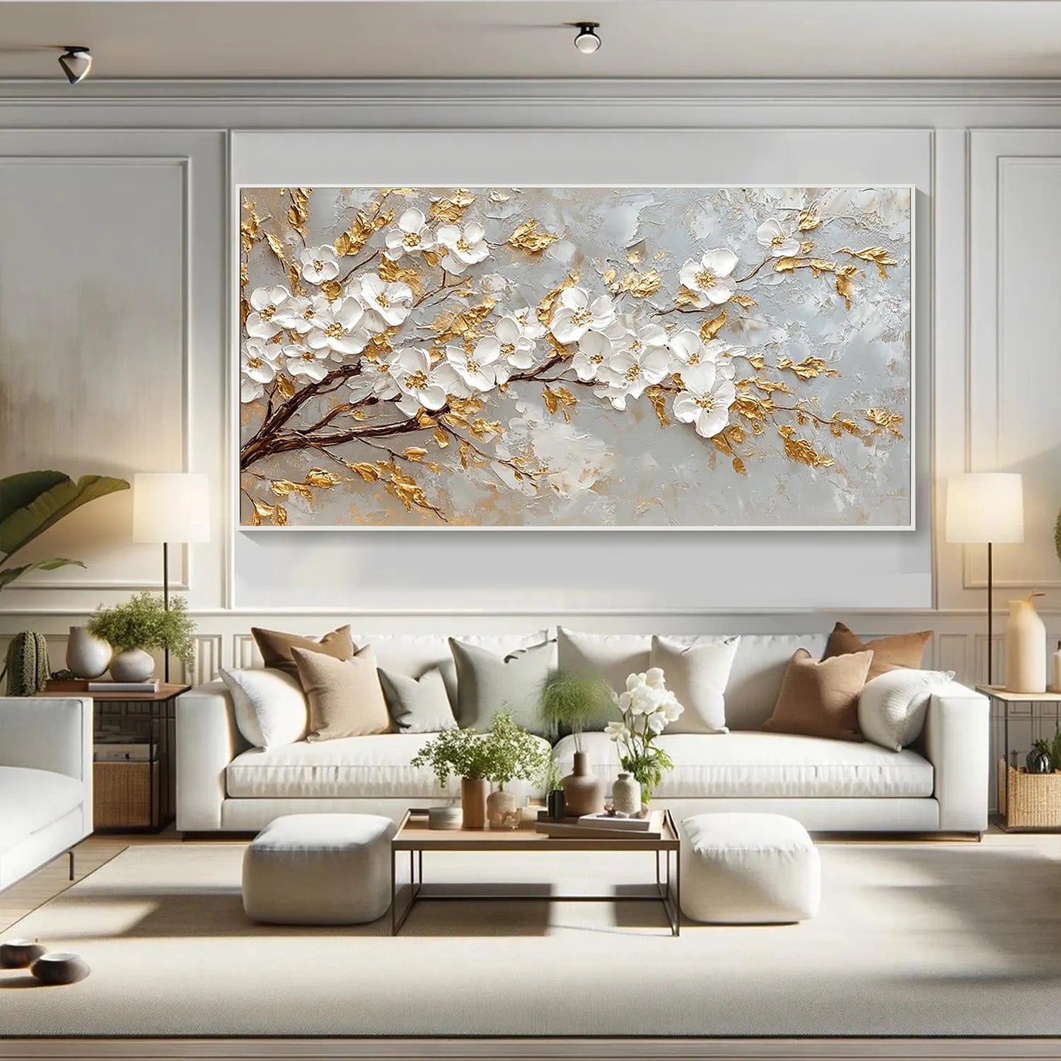 Golden Orchard – 3D Impasto White Cherry Blossom Hand-Painted Floral Painting | Modern Luxury Botanical Bedroom & Living Room Art