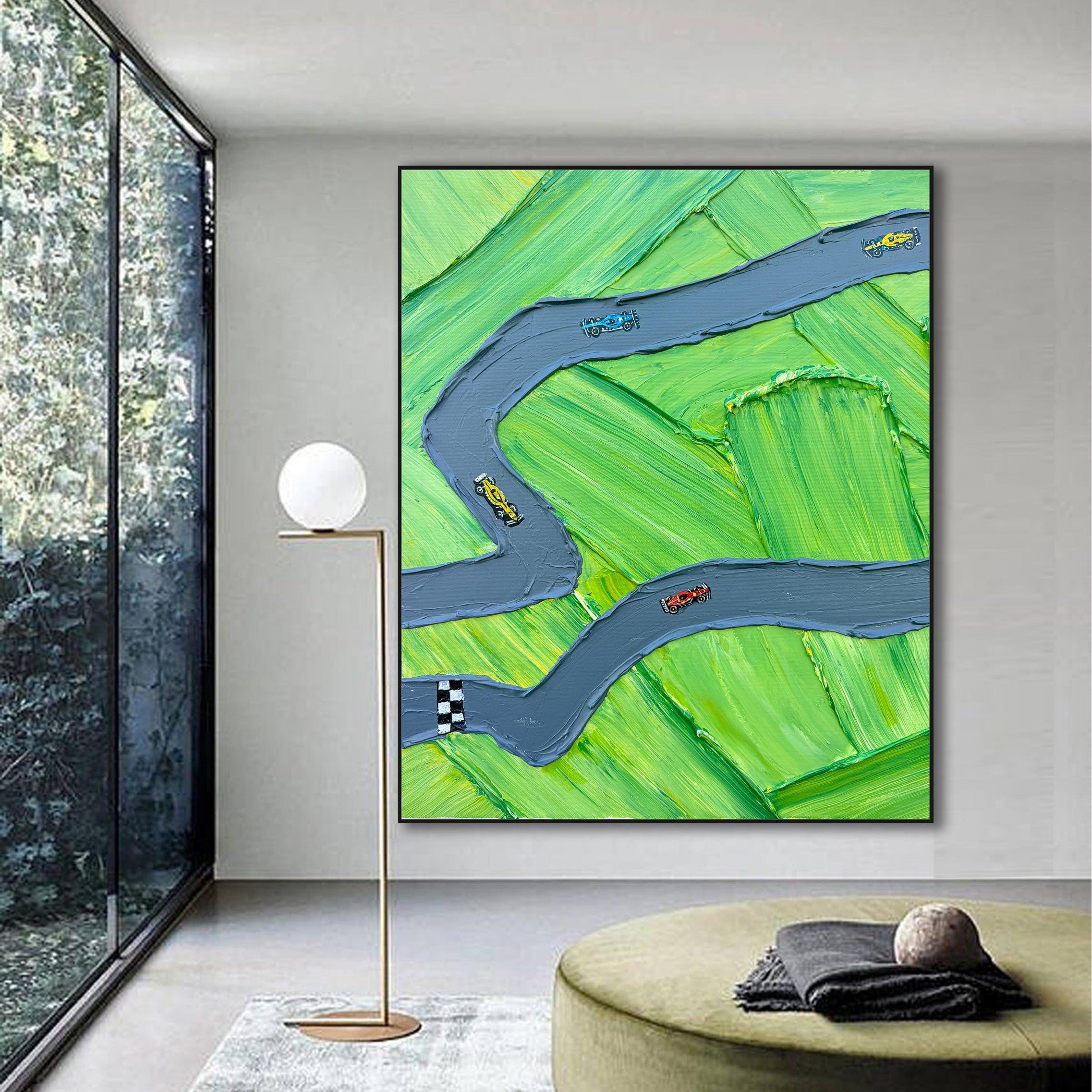Circuit Breeze – Hand-Painted Green Race Track Minimalist Racing Car Sport Painting | Contemporary Sport Home Office & Living Room Art