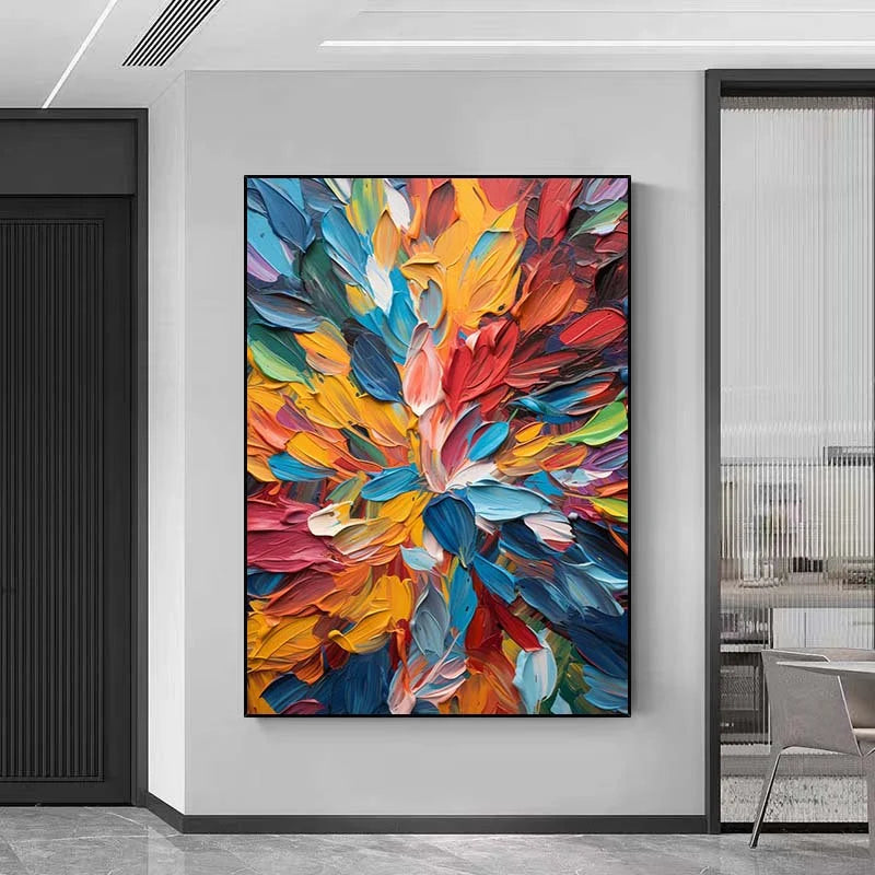 Chroma Burst – Hand-Painted Vibrant Rainbow Palette Knife 3D Floral Painting | Vibrant Botanical Living Room & Dining Room Art